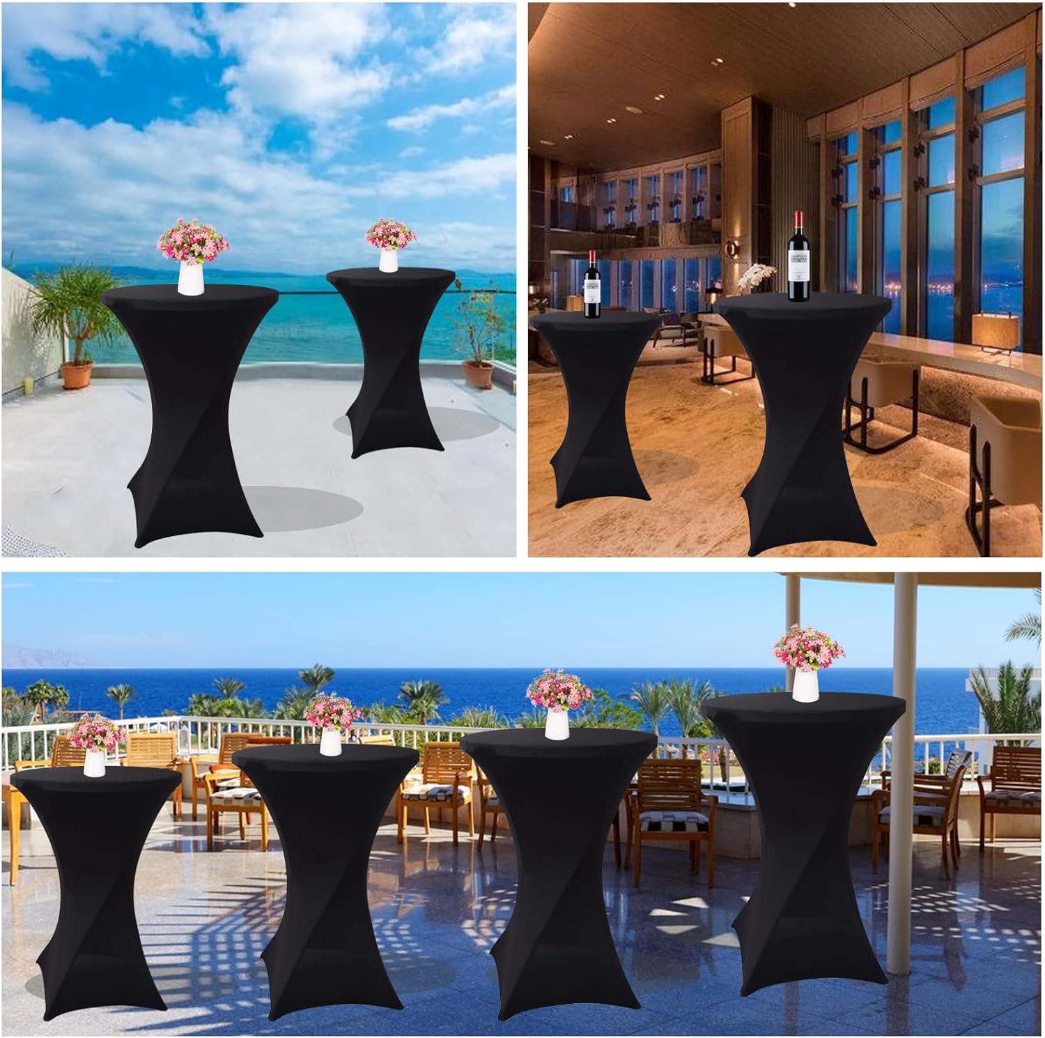 6 Pack Cocktail Spandex Tablecloth, Black Highboy Spandex Cocktail Table Covers 32"x43" Fitted Hightop Tables, Round Cocktails Tablecloths for Bar Wedding Cocktails Party Banquet Tables