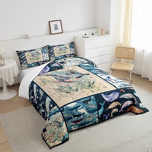 Miniatura 3 de Juego de edredón de ballena tamaño King, juego de ropa de cama retro con temática náutica, decoración de dormitorio, edredón de plumón de vida