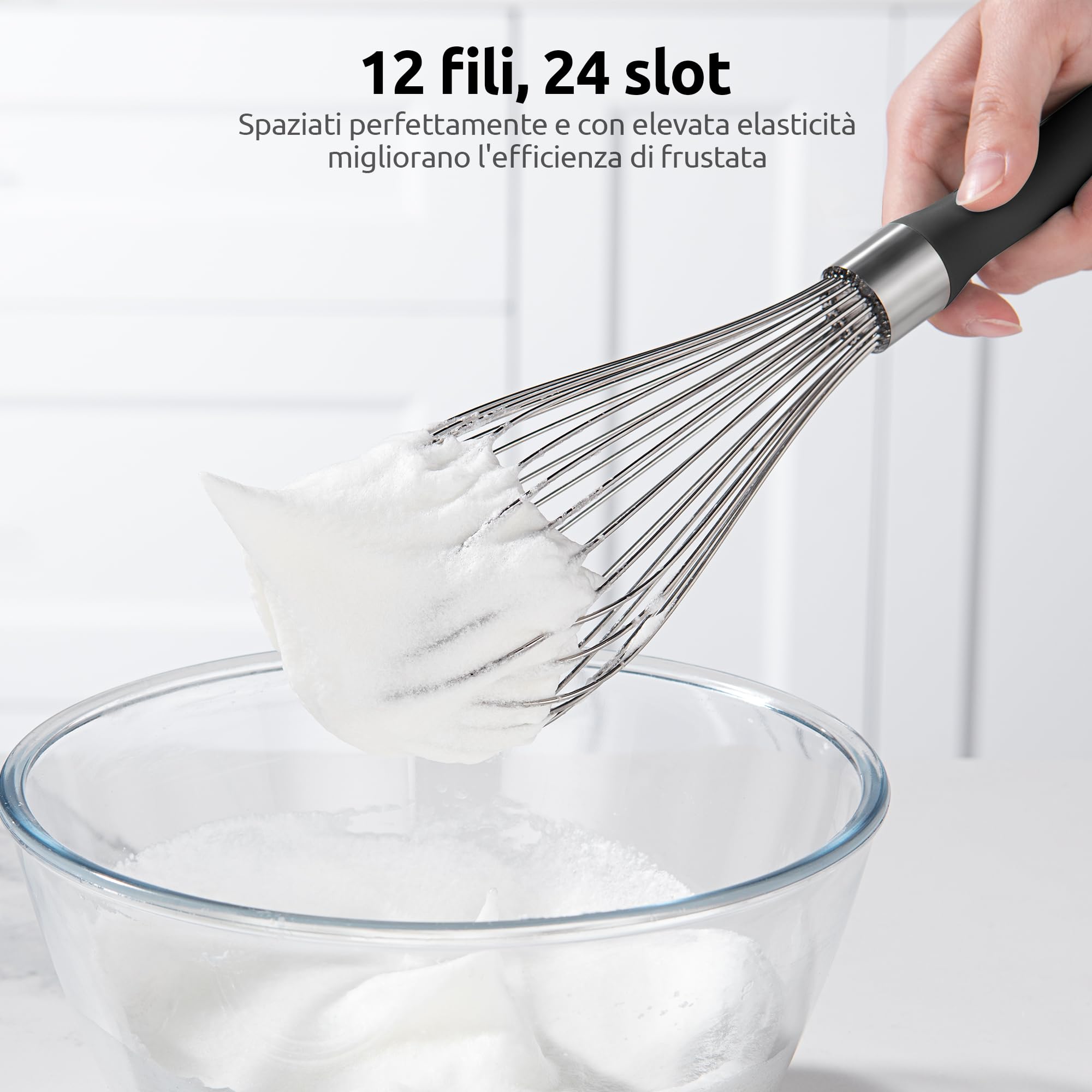 U-Taste Frusta da Cucina: 30 cm Grande Frusta a Palloncino in Acciaio Inox 18/10, con 12 Fili Altamente Flessibili e Manico in Silicone per Battere, Mescolare Impasti e Creme (Nero)