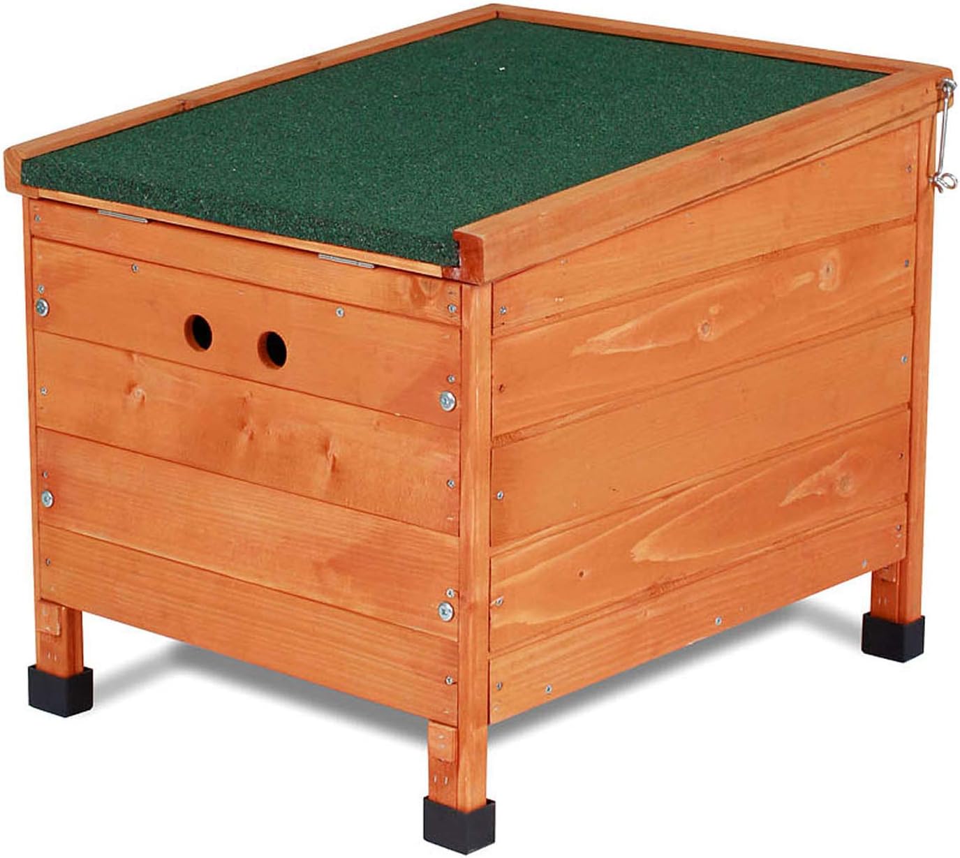 Lato view della gabbia per animali domestici Lionto, che mostra due fori di ventilazione circolari sul pannello posteriore.