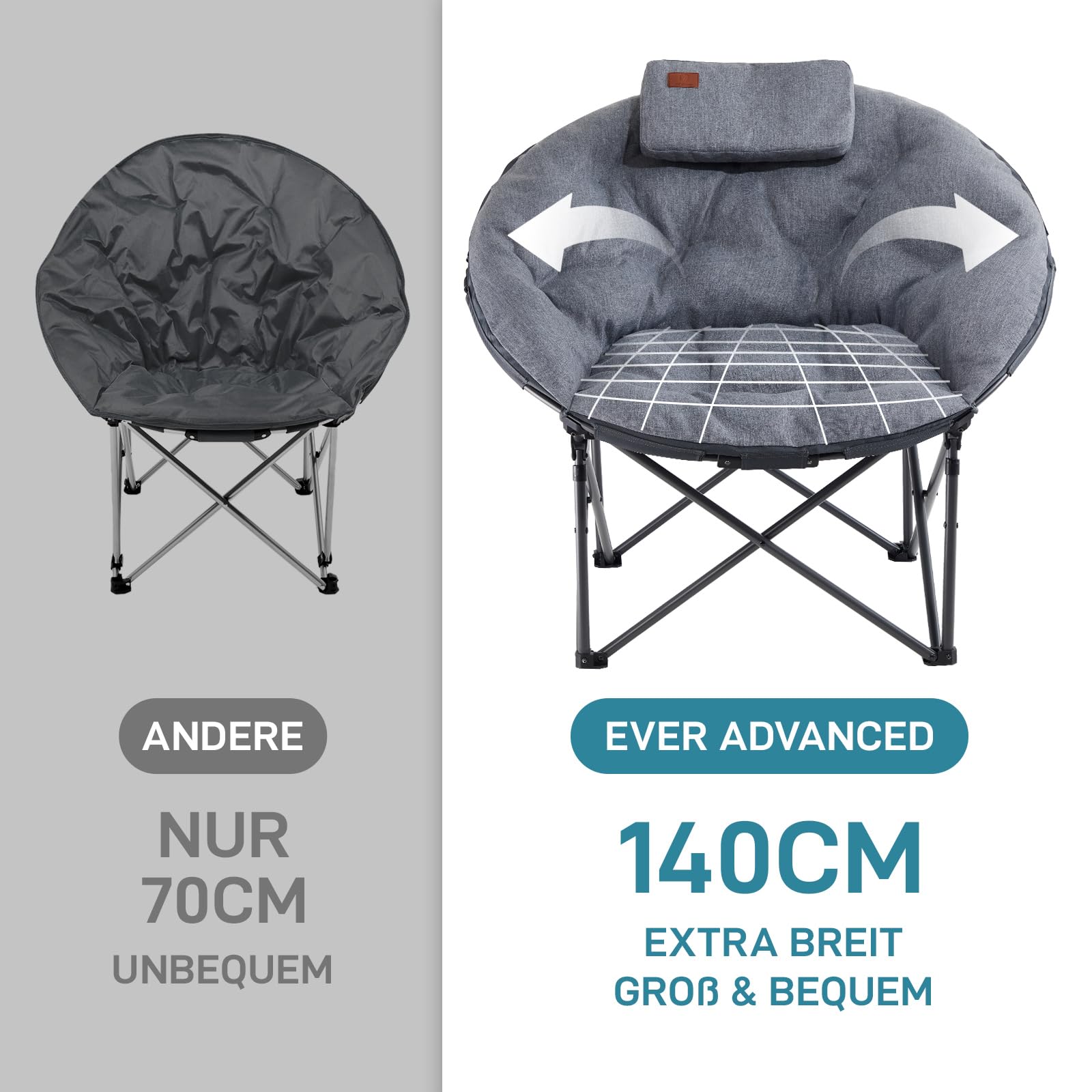 EVER ADVANCED Luxus Moonchair XXL Campingstuhl Faltbar 150KG Belastbar Rund Klappstuhl Dick Gepolstert, Übergroßer Campingsessel mit Kissen, Extra Breit für Outdoor Camping Garten Balkon Indoor, Grau