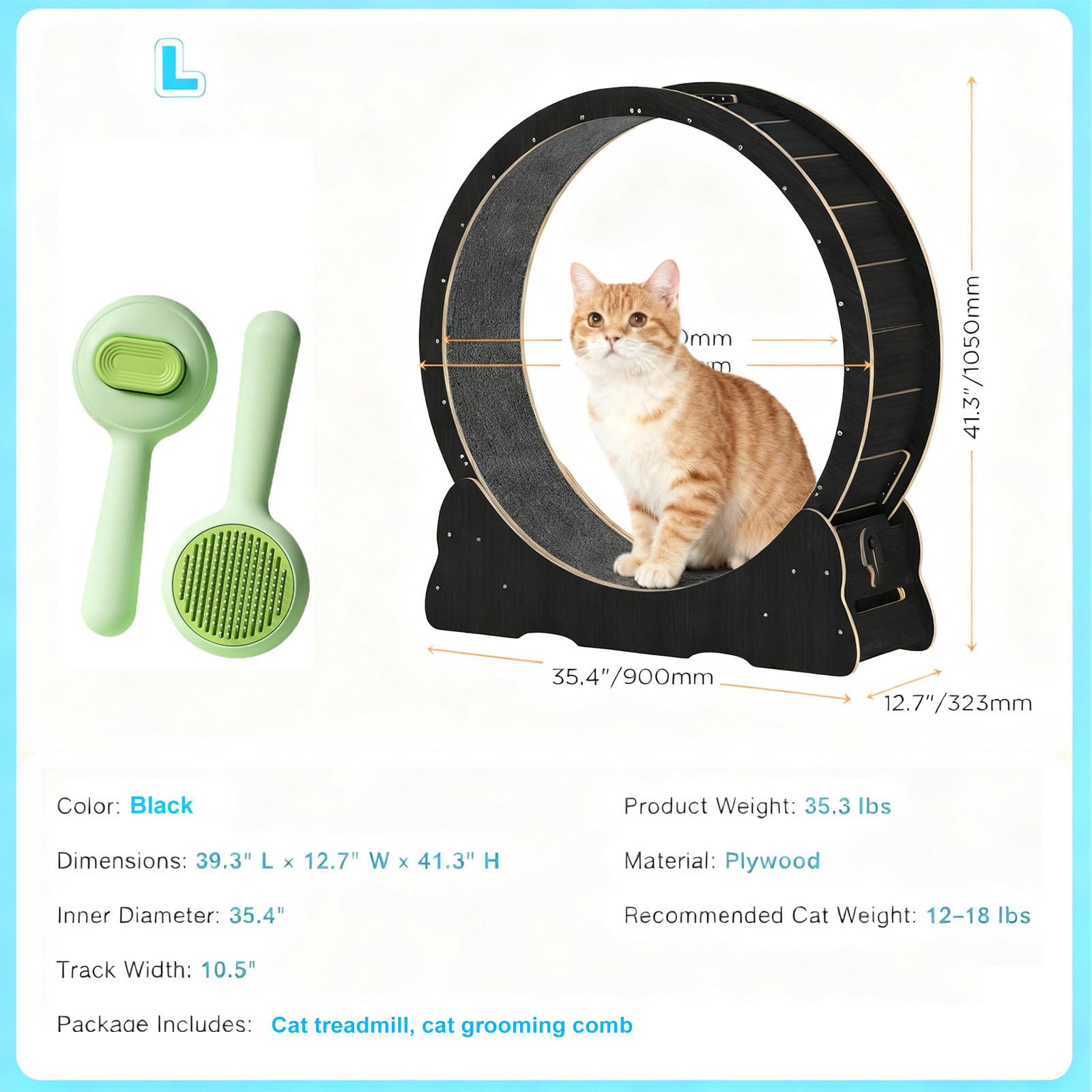 Rueda de Ejercicio para Gatos, Rueda Grande de 104 cm/117 cm para Gatos de Interior, Rueda para Correr con Alfombra Desmontable y Juguete para Correr, Caminar Entrenar, Adecuada Black-L