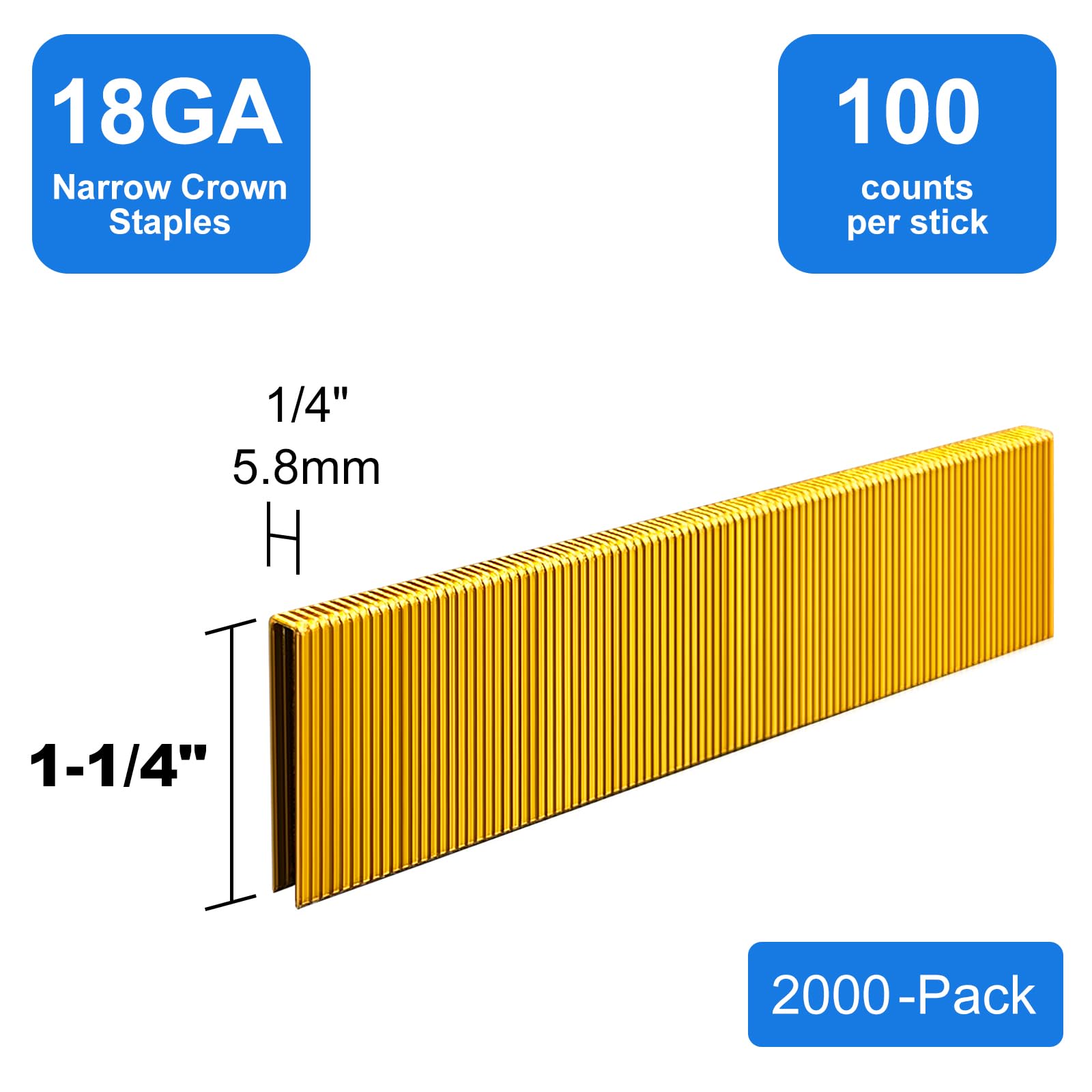 Grapas de corona estrecha de calibre 18 de 1/4 pulgadas de pierna galvanizada de 1-1/4 pulgadas, paquete de 2000 para grapadora eléctrica o pistola grapadora
