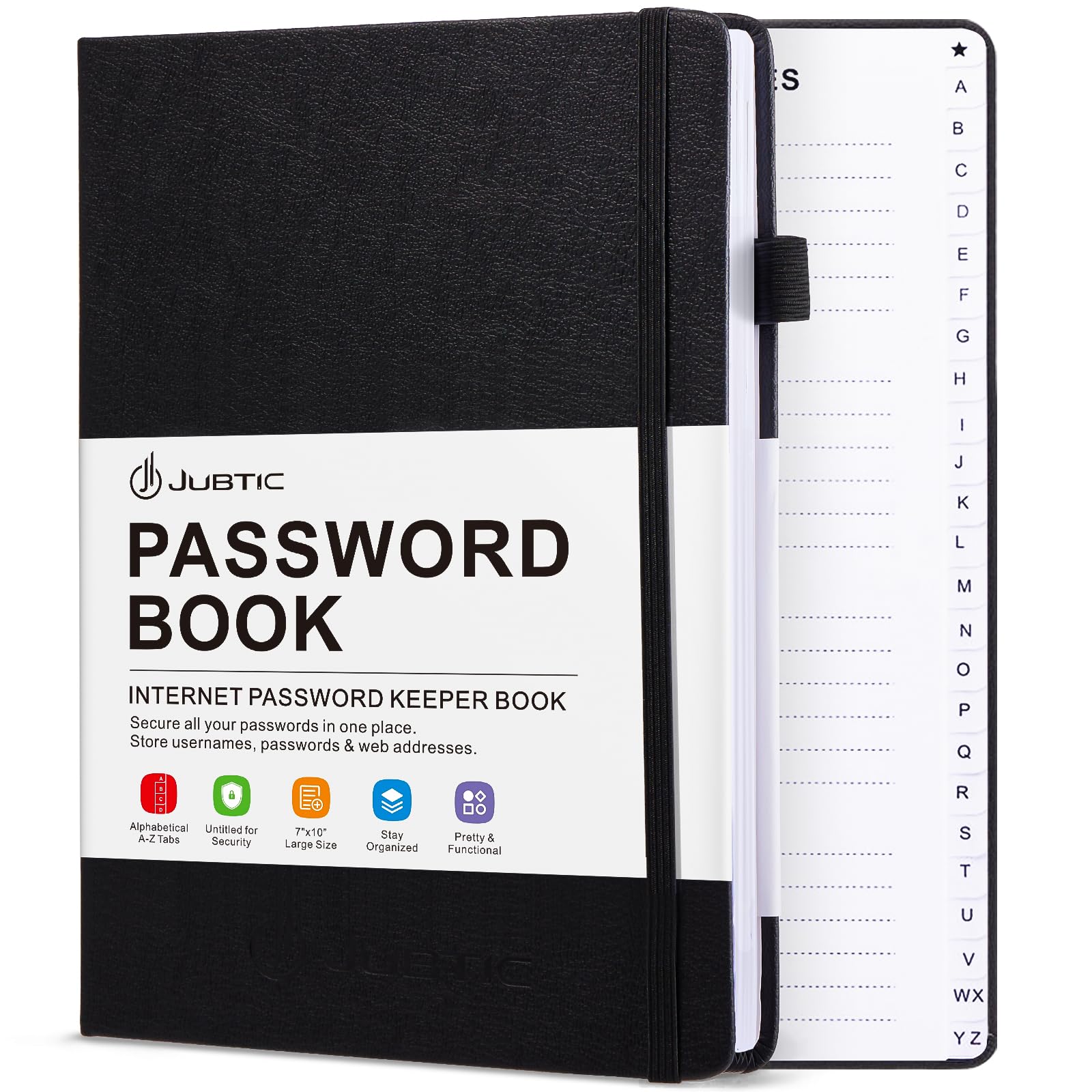 JUBTIC Password Book with Individual Alphabetical Tabs, 7"x10" Internet Password Keeper Book for Seniors, Password Notebook and Organizer/Notes Section, Black