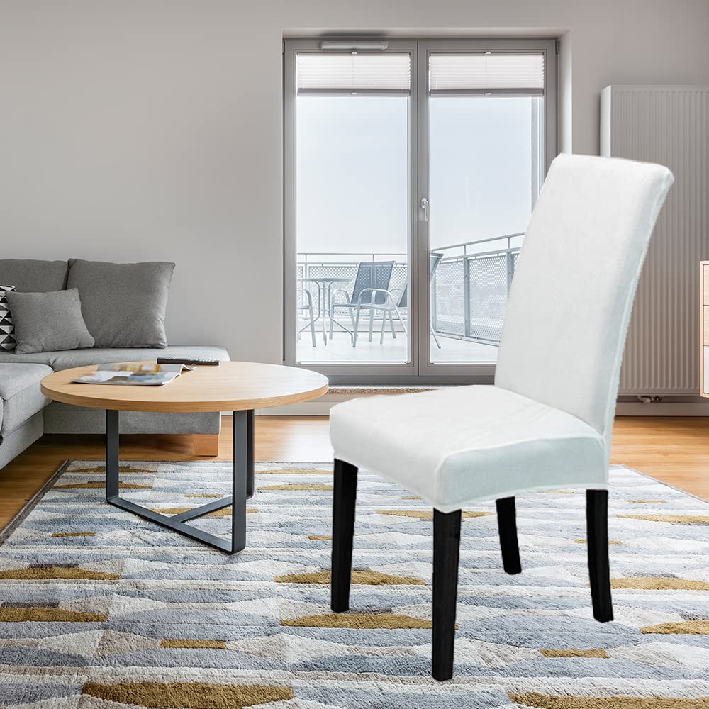 LIPOR Set of 4 White Chair Covers for Dining Room Soft Thick Velvet Stretch Parsons Chair Slipcovers Home Farmhouse Decor Washable Removable Chair Protector for Banquet Hotel Ceremony (4, White)