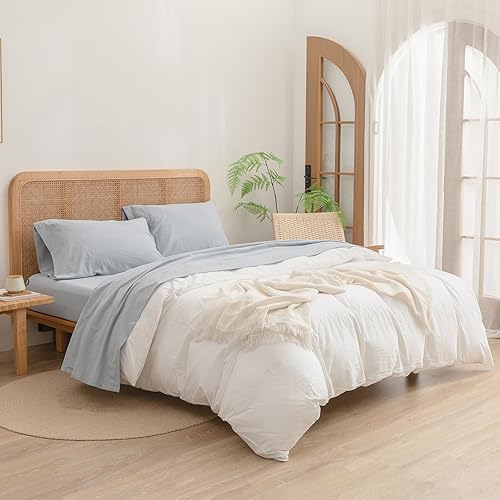 Miniatura 2 de BESTOUCH Juego de sábanas 100% algodón lavado, tacto súper suave, cómodo, elegante, ligero, 4 piezas, juego de ropa de cama para el hogar, aciano