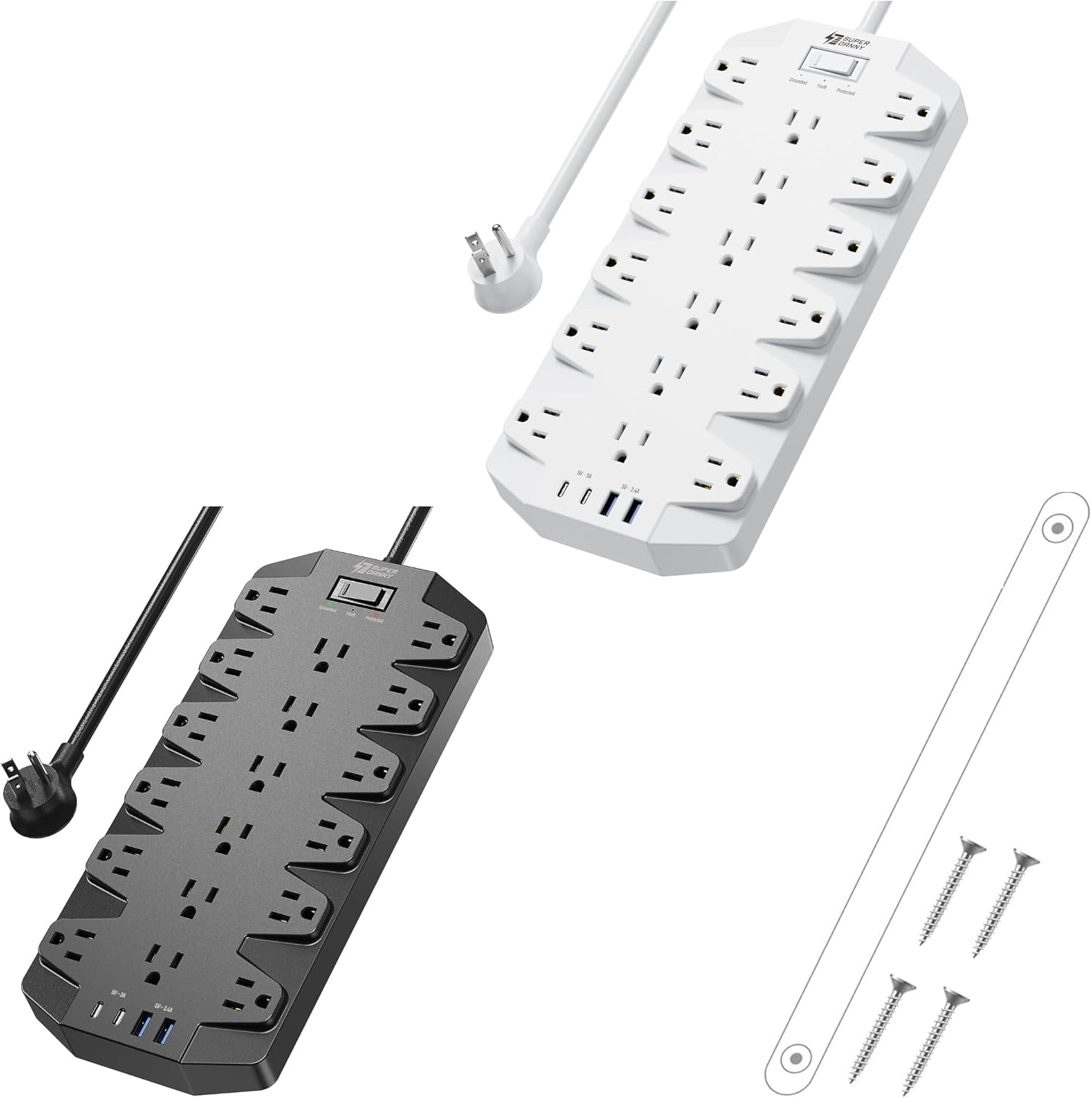 SUPERDANNY – Protector de sobretensiones con 18 salidas de CA y 4 puertos de carga USB, blanco y negro, 15A1875W, 2100J, cable de 6.5 pies, cable de