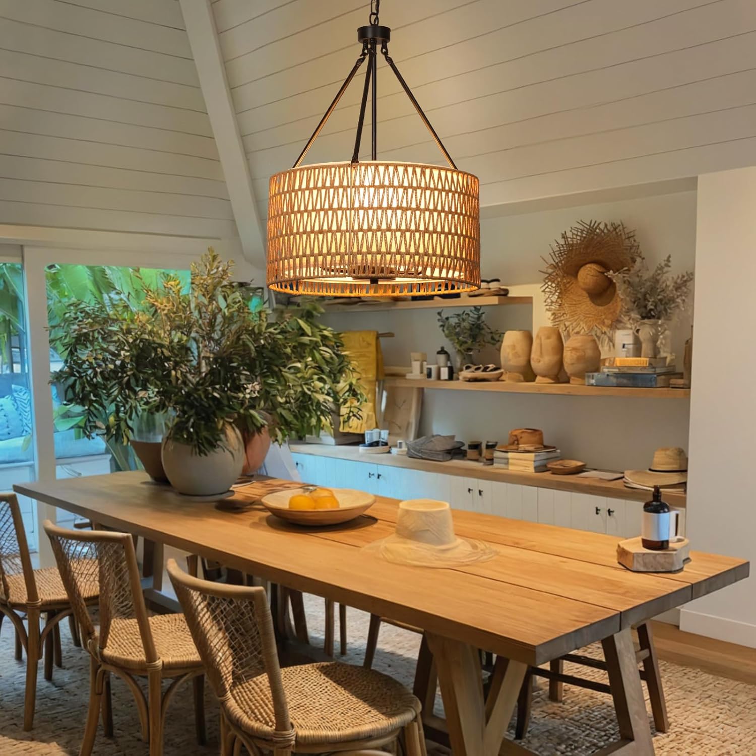 CASENKE Boho Rattan Farmhouse Chandelier: 19.7” 5-Light Hand Woven ...