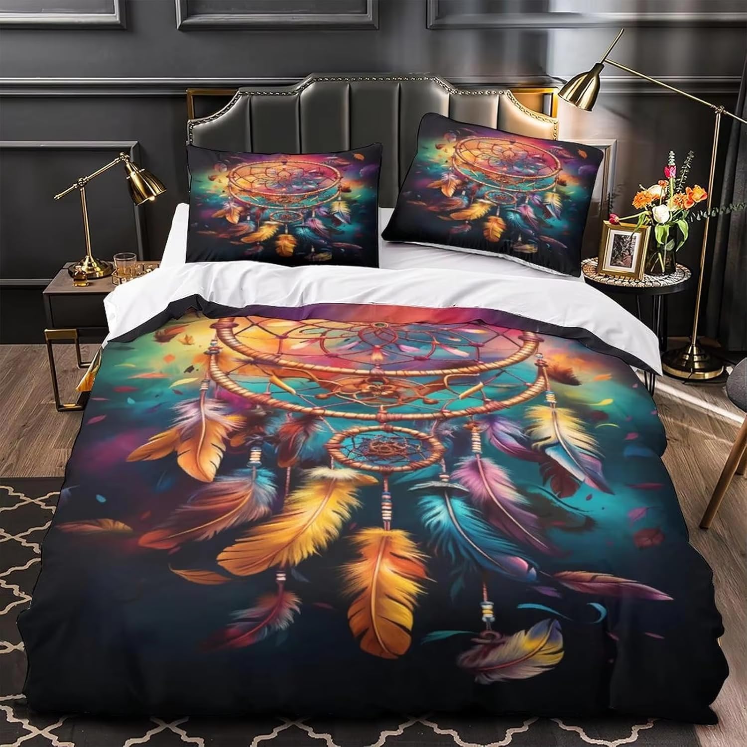 Housse de couette 160x200 attrape-rêves avec 2 taies d'oreiller en microfibre pour lit 1 personne