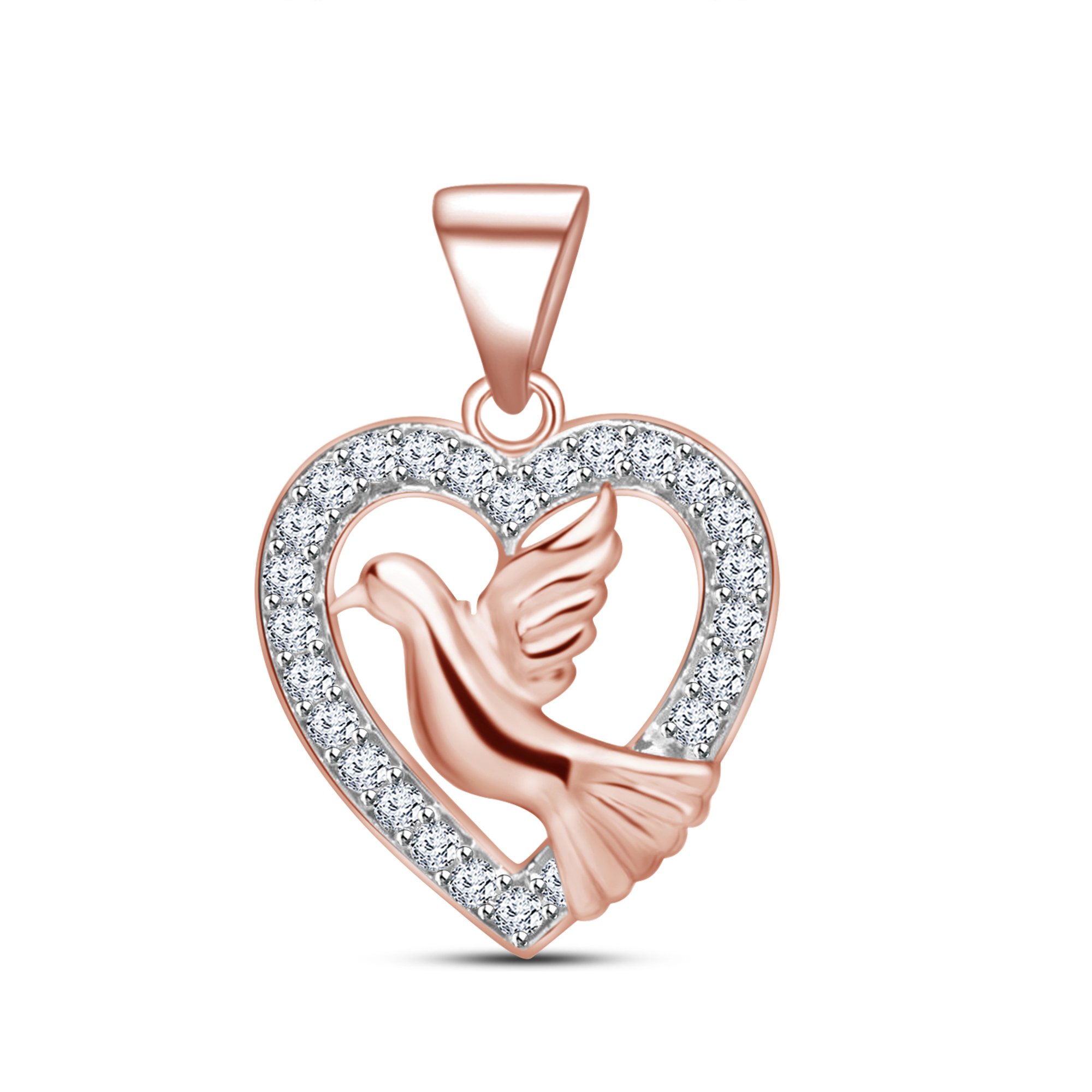 atjewels 18K Rose Gold On .925 Silver Round Cut White CZ Fancy Heart Love Bird Pendant MOTHER'S DAY SPECIAL OFFER-image-31