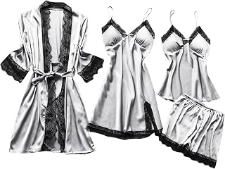 Womens Pajama Sets Satin Silk Pajama Set 4pcs Robe Babydoll Lingerie Sleepwear Nightdress Lace Nightgown Lounge Sets