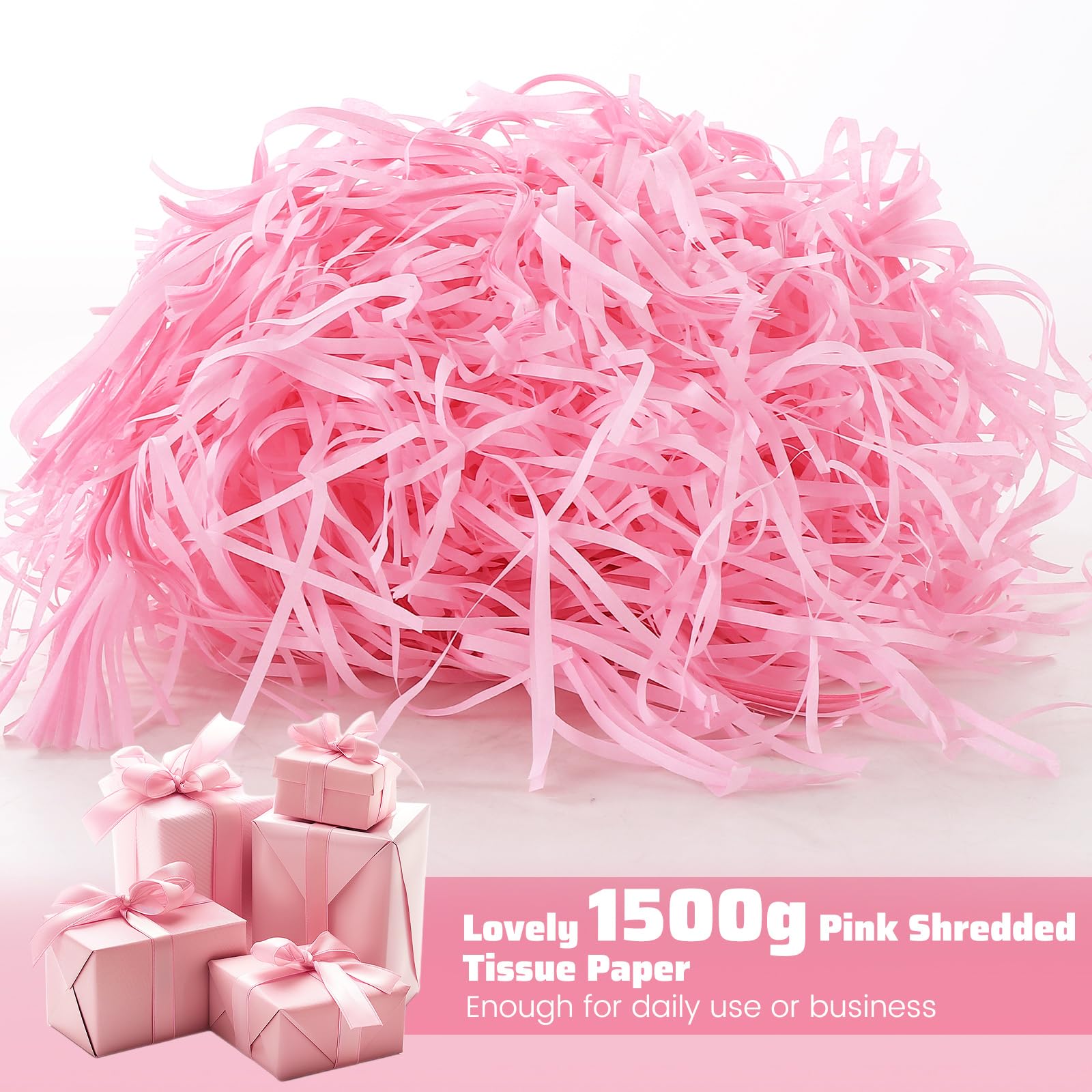 WOPPLXY Riempimento della scatola regalo della carta velina sminuzzata rosa 1.5KG | Carta velina sminuzzata per riempire cesti, champagne, bella carta velina sminuzzata per scatole regalo, cesti, imballaggi