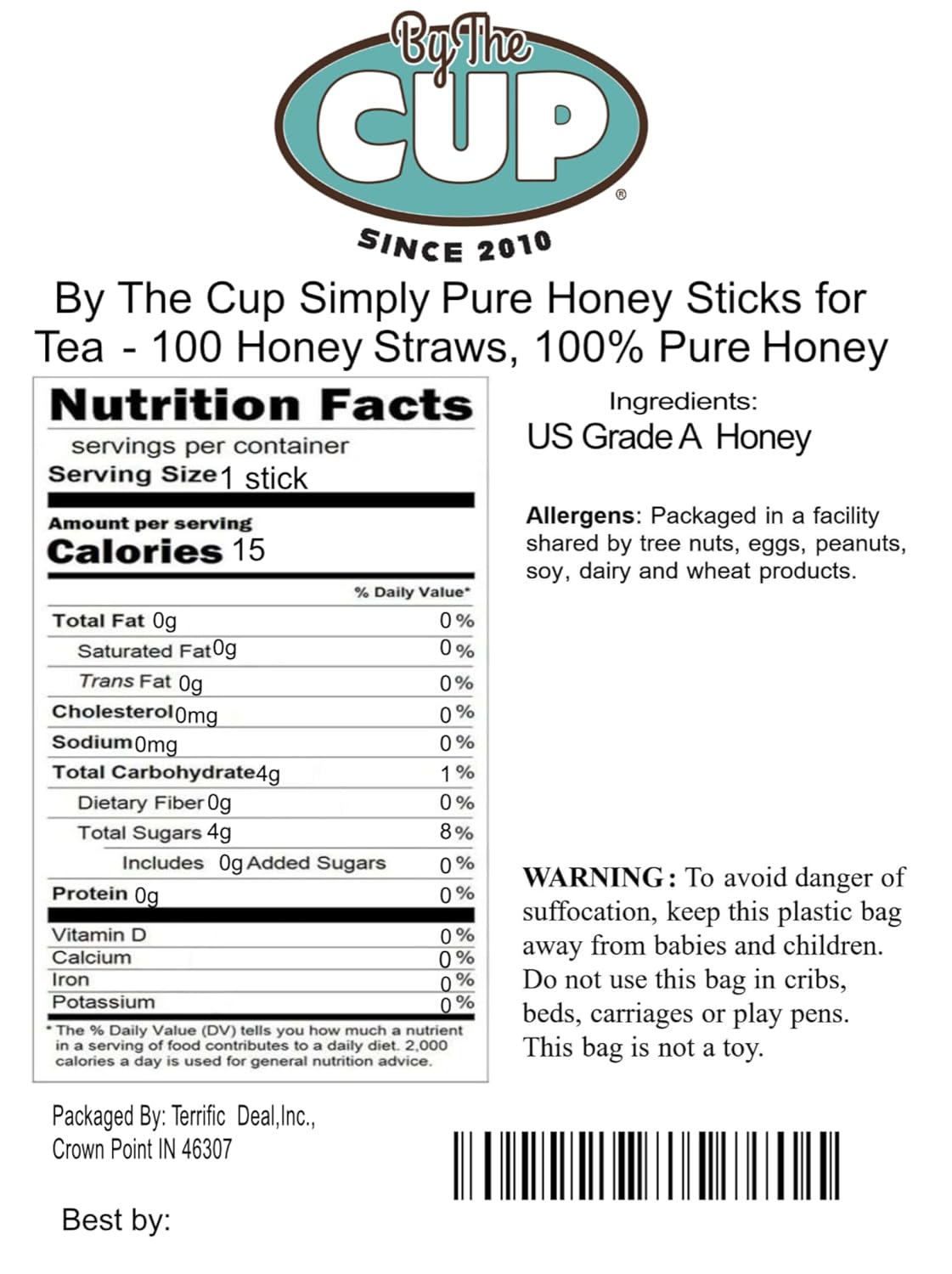 By The Cup 100% Simply Pure Honey Sticks for Tea - 100 Honey Straws