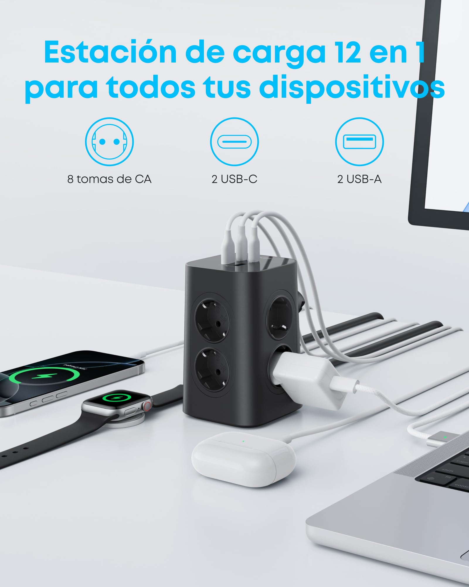 Anker Regleta de enchufes 12 en 1 con Protector contra subidas | 13 A, 2990 W, USB C 20W, 8 tomas CA, 4 puertos USB, cable de 2 m