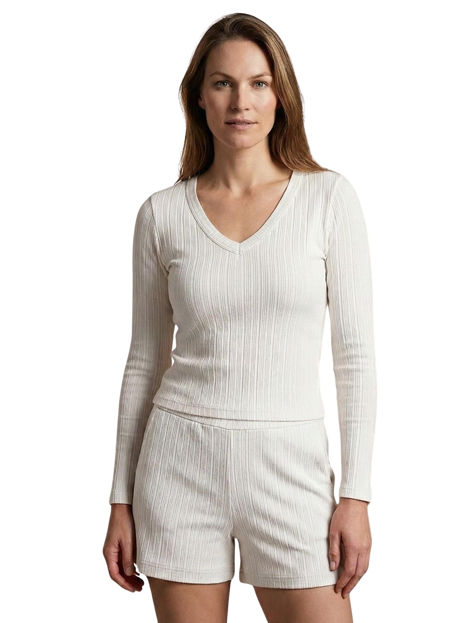 Women Ribbed Striped Co-Ord Set | Polyester Full Sleeve V Neck Top & Shorts Set | Regular Fit Casual Summer Cord Set with Side Pockets-image-33