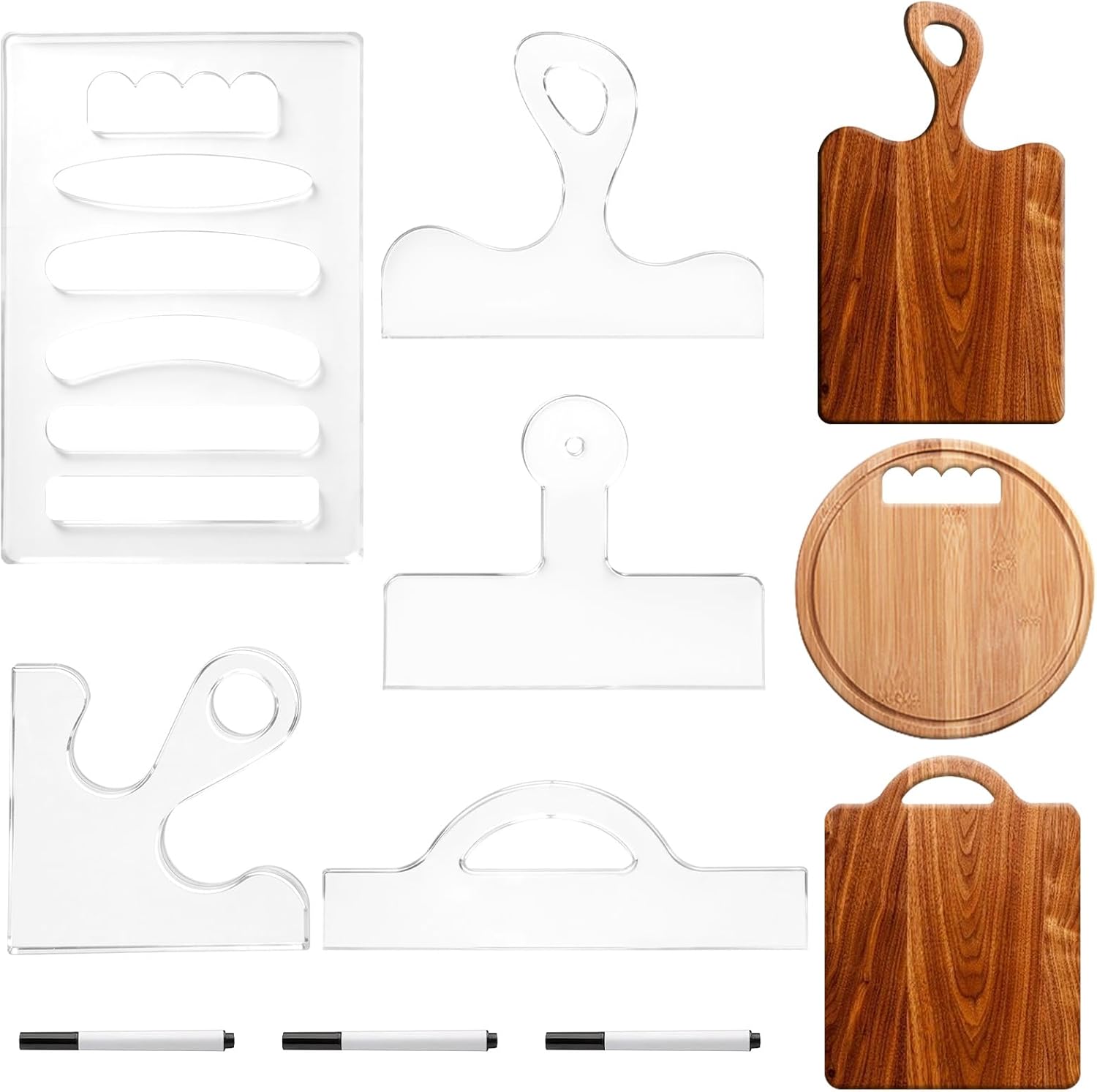 Supkirr 5 Pcs Acrylic Router Templates for Woodworking, Clear Charcuterie Board Handle Template with 3 Pens, 5mm Thick Cutting Board Templates, Angled Curvy Tracing Stencils Guide Tools for Kitchen