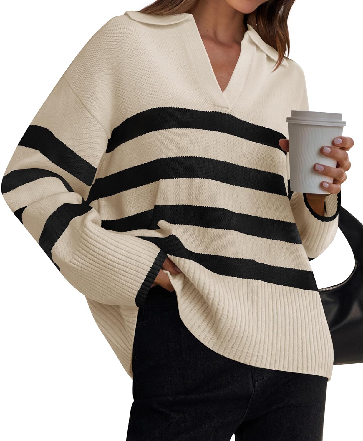 ZESICA Womens 2026 Fall Winter Sweaters Lapel V Neck Long Sleeve Striped Chunky Knit Oversized Pullover Sweater Jumper