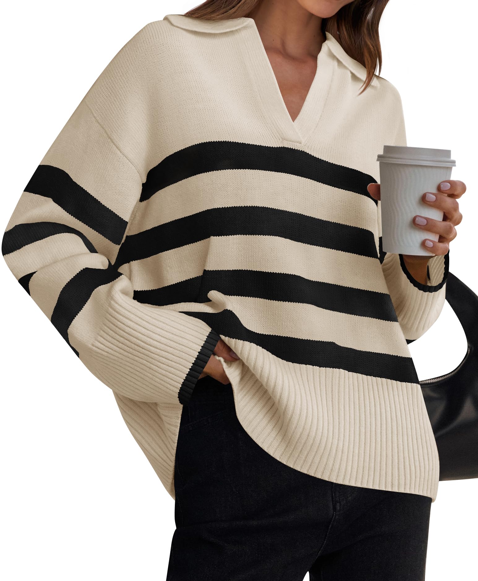 ZESICA Womens 2026 Fall Winter Sweaters Lapel V Neck Long Sleeve Striped Chunky Knit Oversized Pullover Sweater Jumper