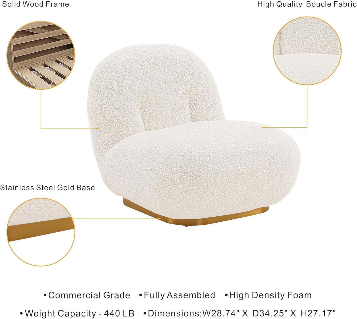 Manhattan Comfort Edina Modern Accent Chair in Luxurious Boucle Upholstery with High Density Foam Padding & Wood Frame with Gold Metal Base, Living Room Seating, White