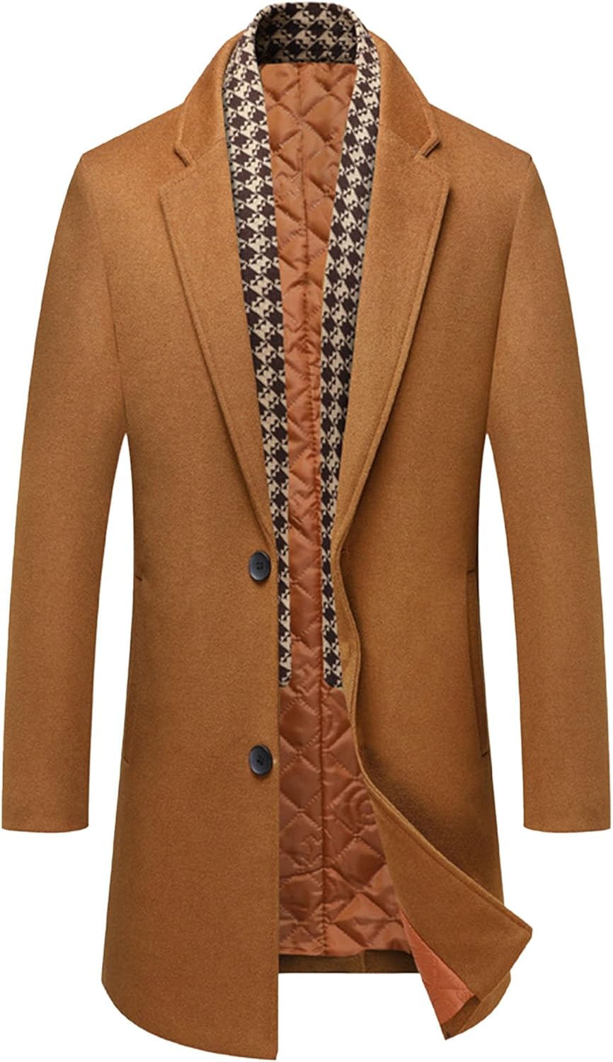 Men's Wool Blend Coat With Detachable Plaid Scarfs Notched Collar Single Breasted Overcoat Winter Pea Coat