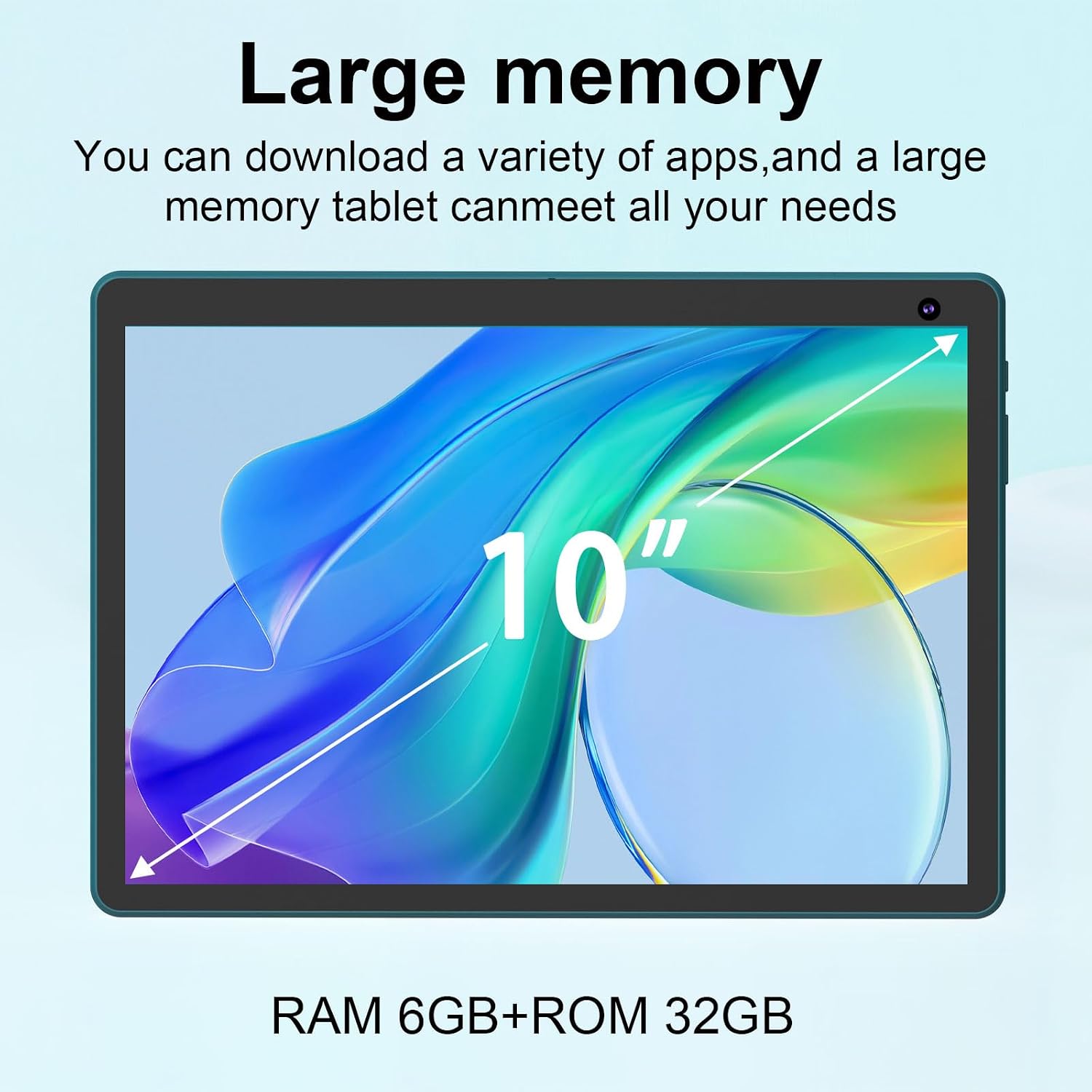 Tablet screen displaying 10 inch size and 6GB RAM + 32GB ROM