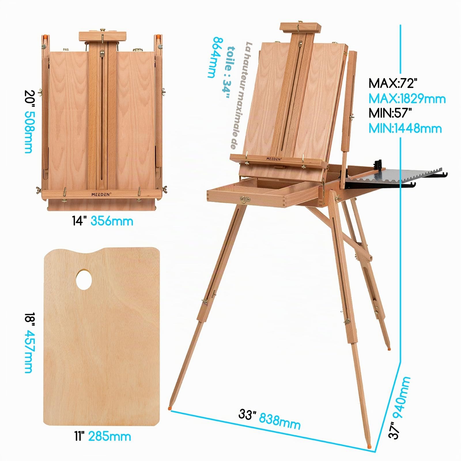 Meeden Chevalet de style français pliable en bois de hêtre avec tiroir et palette pour les professionnels, artistes et amateurs de peinture sur toile jusqu'à 86,4 cm