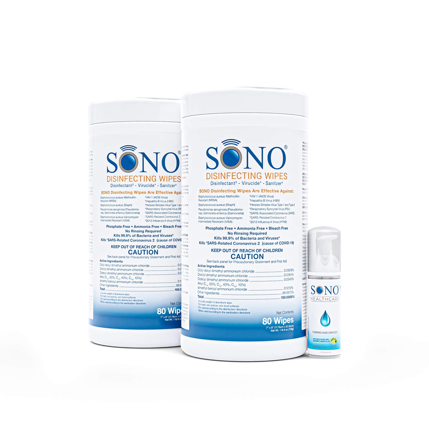 SONO Disinfecting Wipes - 160 Count (Pack of 2) + Sanitizer, Alcohol-Free, No Bleach, Medical-Grade, Multi-Surface Cleaning for Home, School, Office