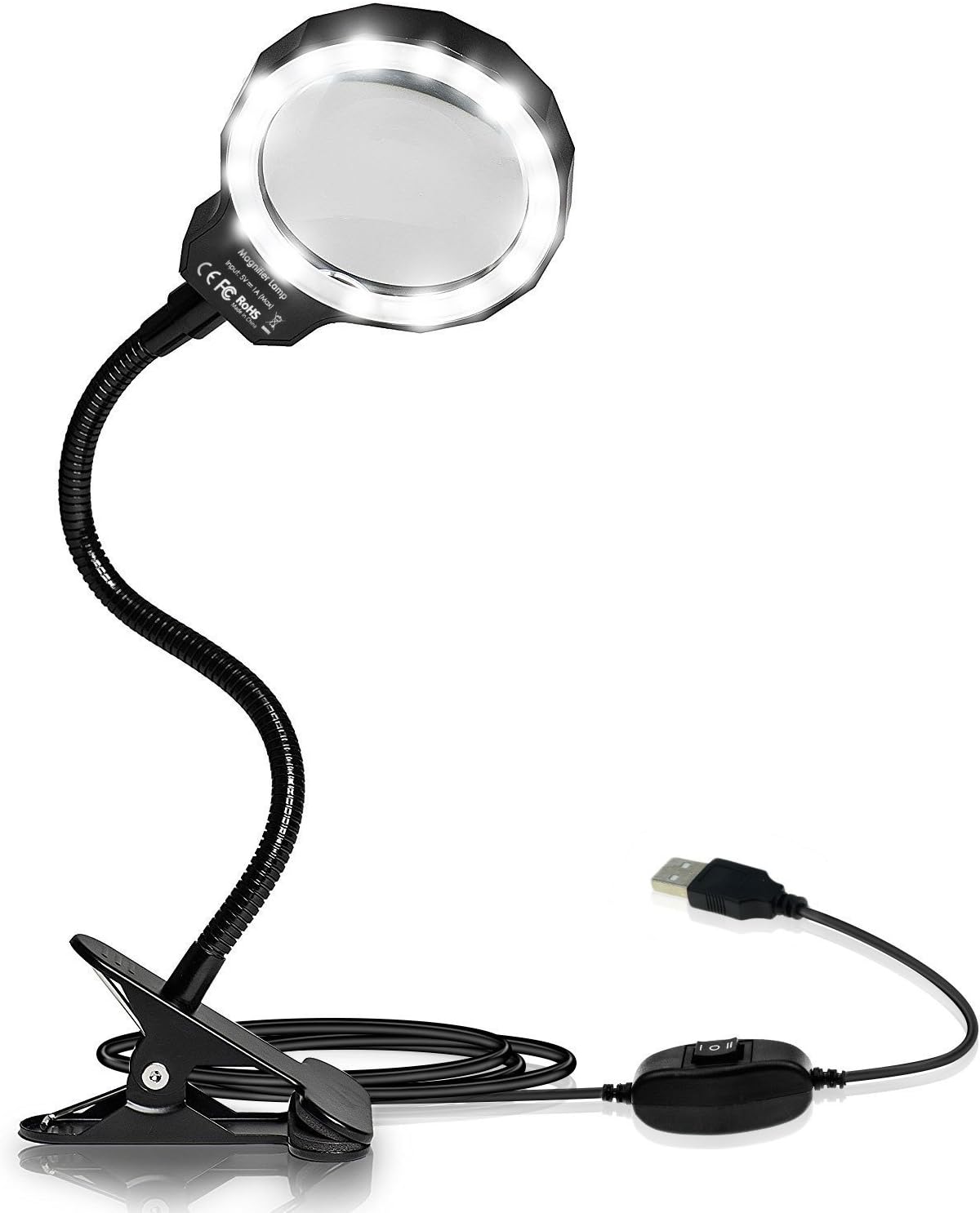 Achort Magnifying Glass, Achort LED 3X Magnifying Lamp USB Powered Clip On Optical Glass Magnifier Lens with 2 Adjustable Light Settings & Metal Clamp