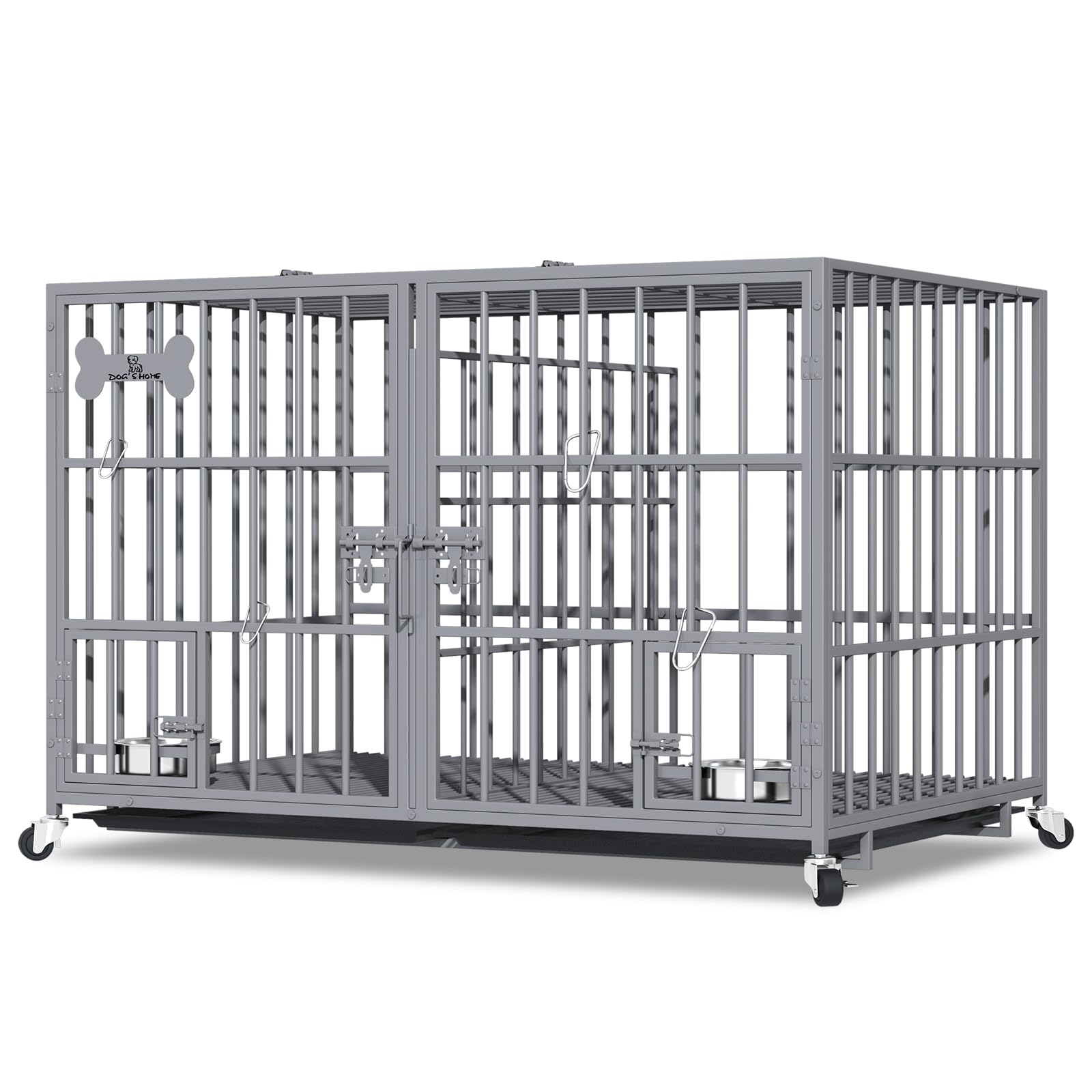 Jaula para perros con bandeja inferior, jaula para perros con divisor, 2 puertas y bandeja, caja doble 2 en 1 para perros grandes y medianos 107 x 73 x 69 cm, plateado