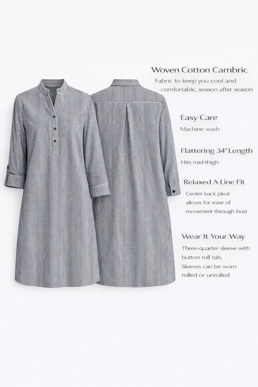 ellos Women's Plus Size Striped Henley Tunic Oversized Long Top Wear with Leggings