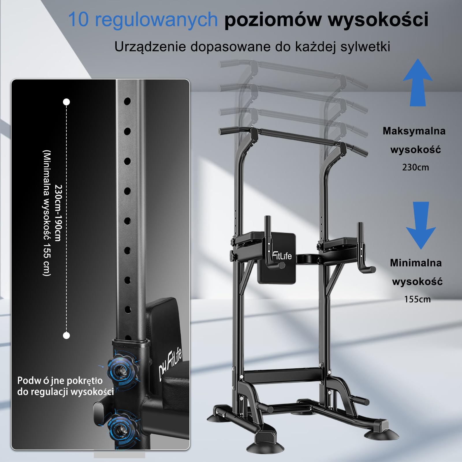 DH FitLife Power Tower Dip Station Sprzęt sportowy z drążkiem do podciągania, drążkami dip i plecami, stacją treningową, stacją fitness, rzymskim krzesłem kulturystycznym, Power Rack dla domu