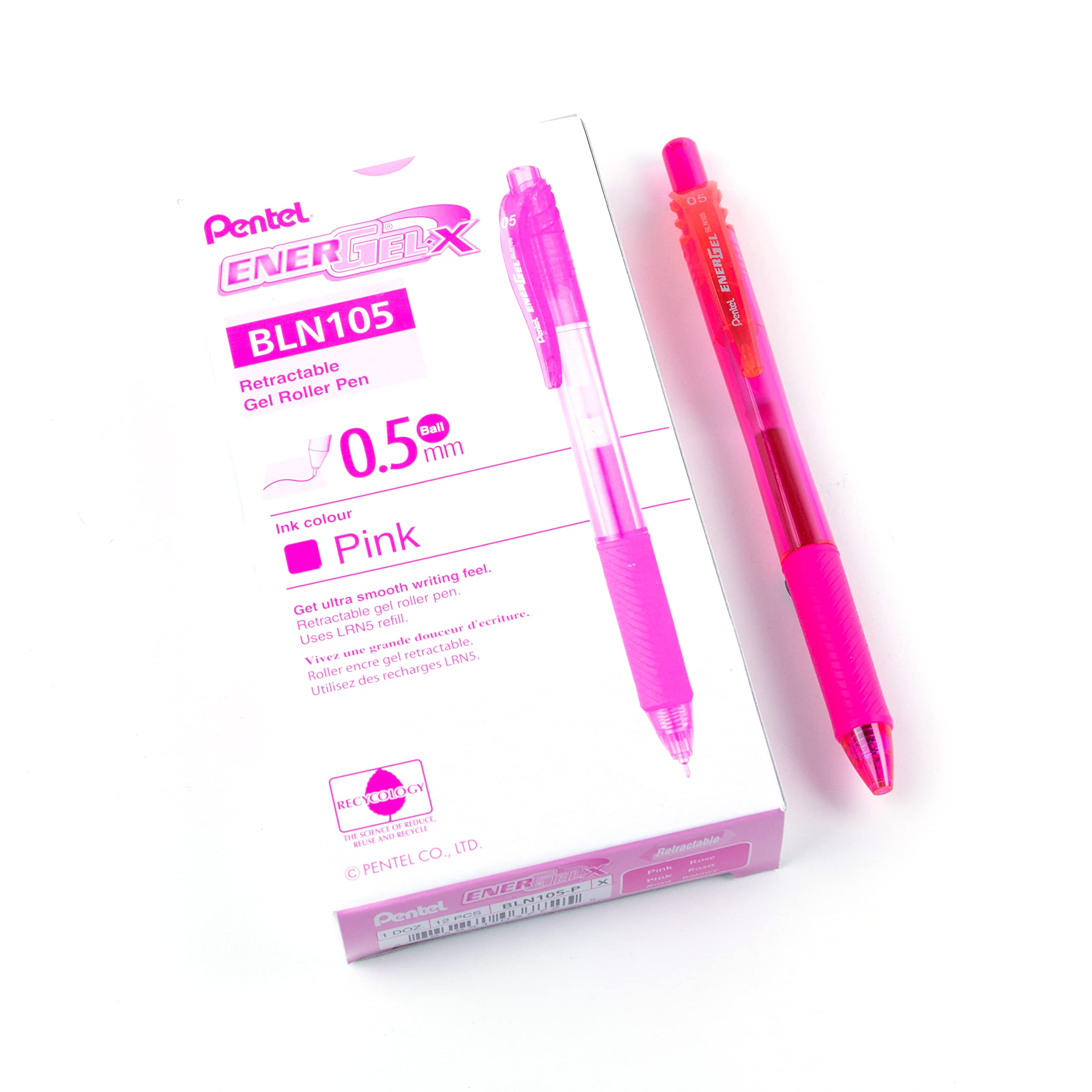 Pentel EnerGel X Retractable Liquid Gel Rollerball Pen, Everyday Writing, Office Supplies, School Supplies, 0.5mm Fine Needle Point, Pink Ink, BLN105-P, Box of 12