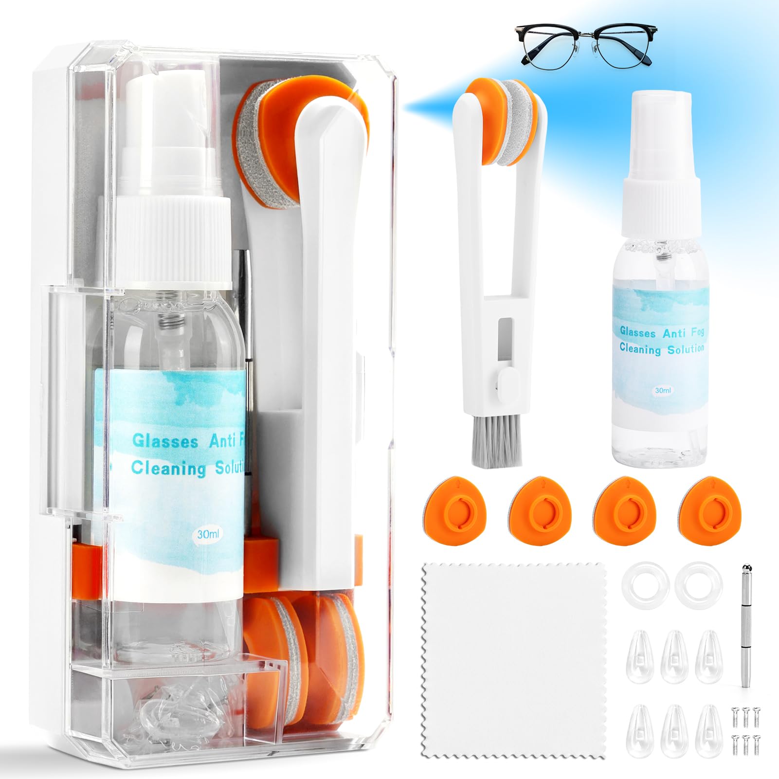 Glasses Cleaner, Glasses Cleaning Kit with Eyeglass Cleaner Spray, Eyeglass Lens Cleaner, Microfiber Cleaning Cloth,Portable Eyeglass Repair Kit with Screws, Safe for All Lens(White)