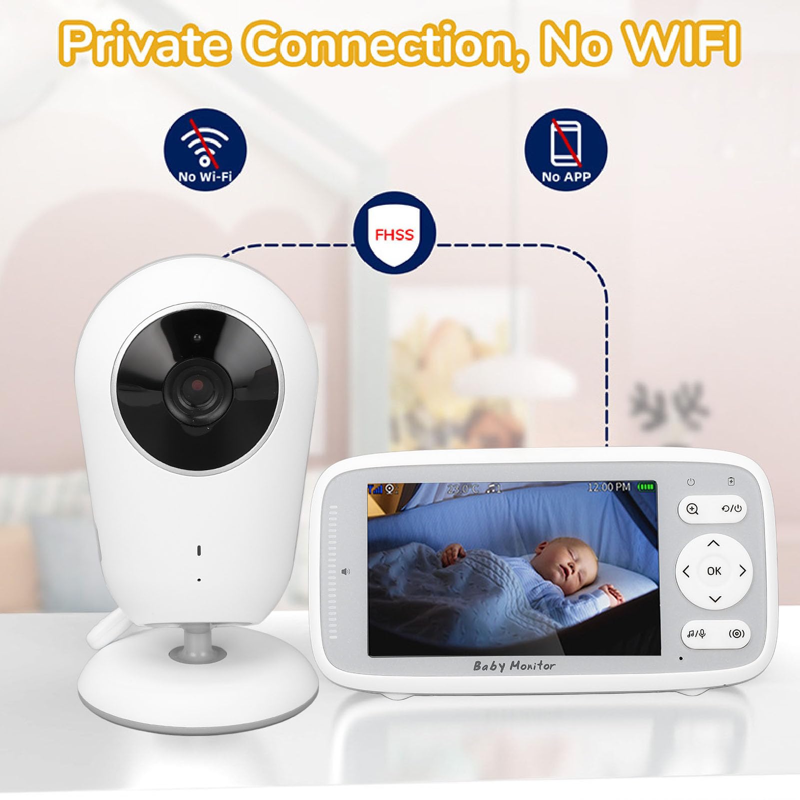 Goshyda Baby Monitor, Videocamera per Neonati con Schermo LCD da 4 Pollici, Supporto Conversazione Bidirezionale, Visione Notturna, Sorveglianza della Temperatura, Videocamera per (Spina