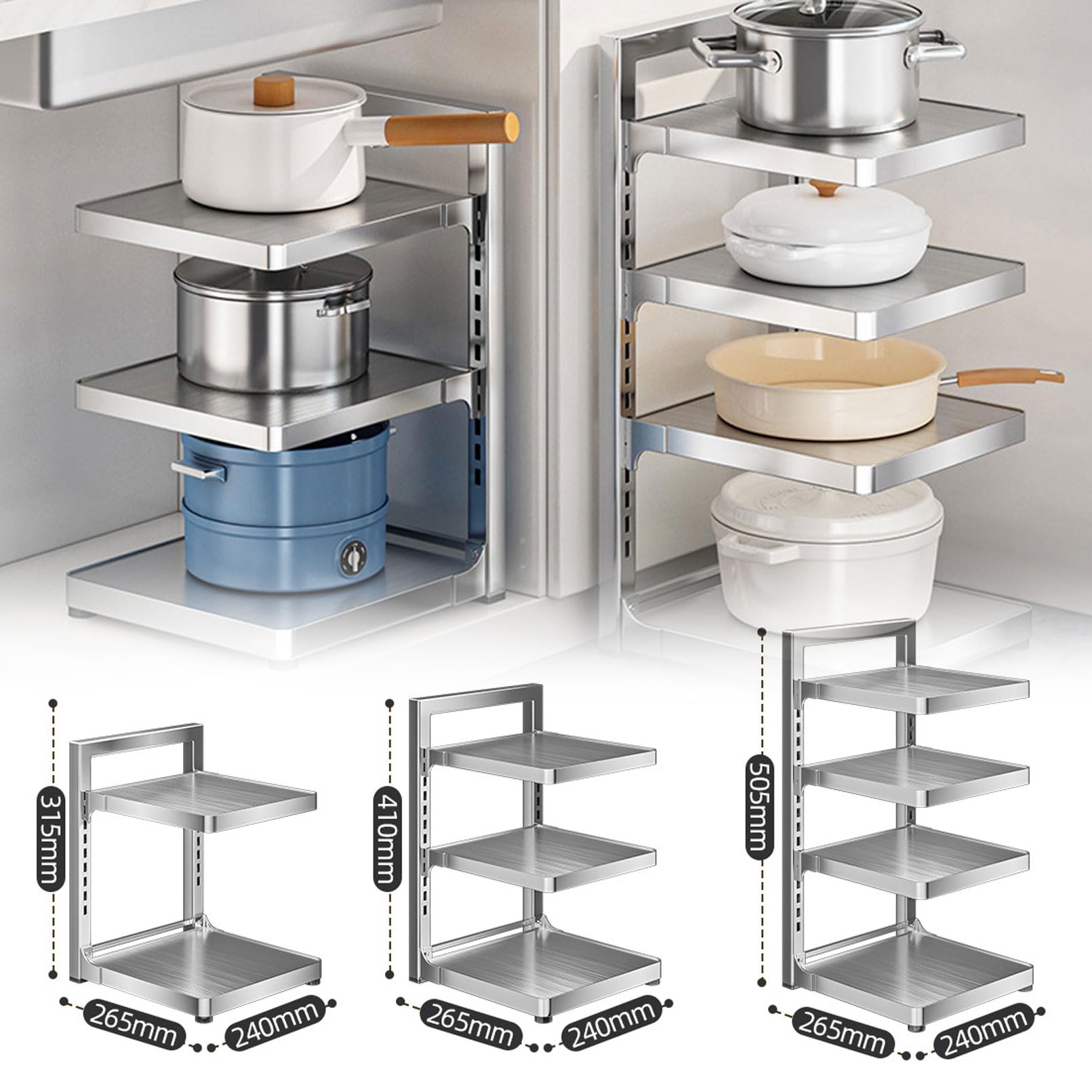 Étagère de rangement robuste en acier inoxydable pour casseroles et poêles, support réglable à 3 niveaux pour comptoir de cuisine, solution de rangement au sol peu encombrante