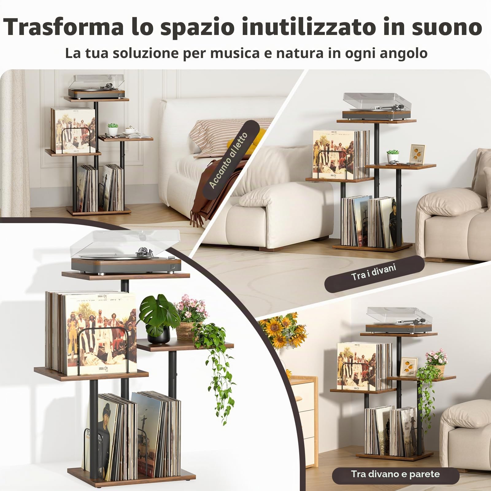 Bikoney Mobile Porta Giradischi con Scaffale per Vinili, Tavolo in Legno per Giradischi con Organizer LP, Espositore e Organizer Dischi per Spazi Ridotti, Appartamenti, Camera da Letto e Soggiorno
