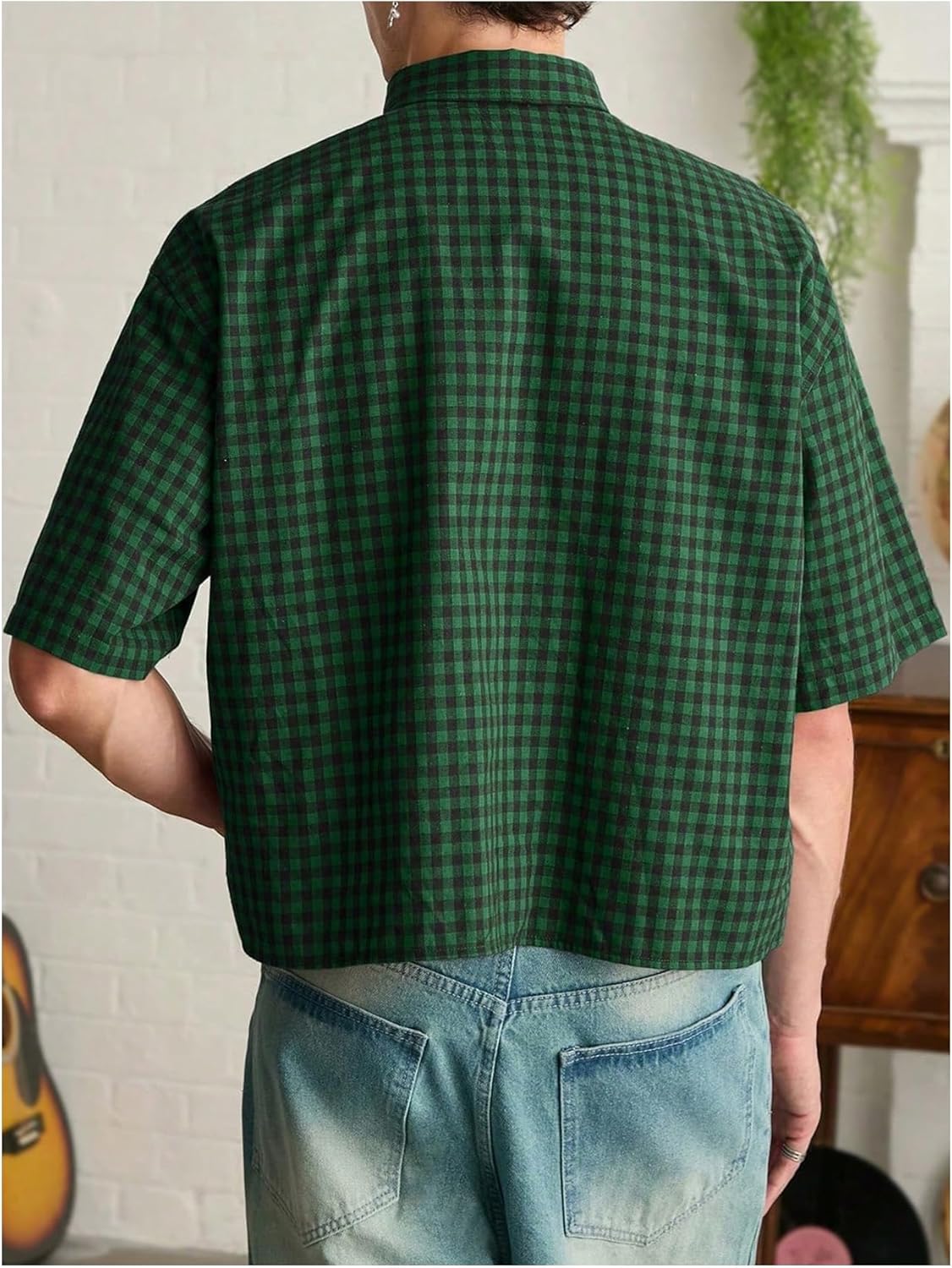 SHENHE Men's Plaid Button Down Short Sleeve Shirt Loose Fit Casual Shirt with Chest Pocket - Image 2