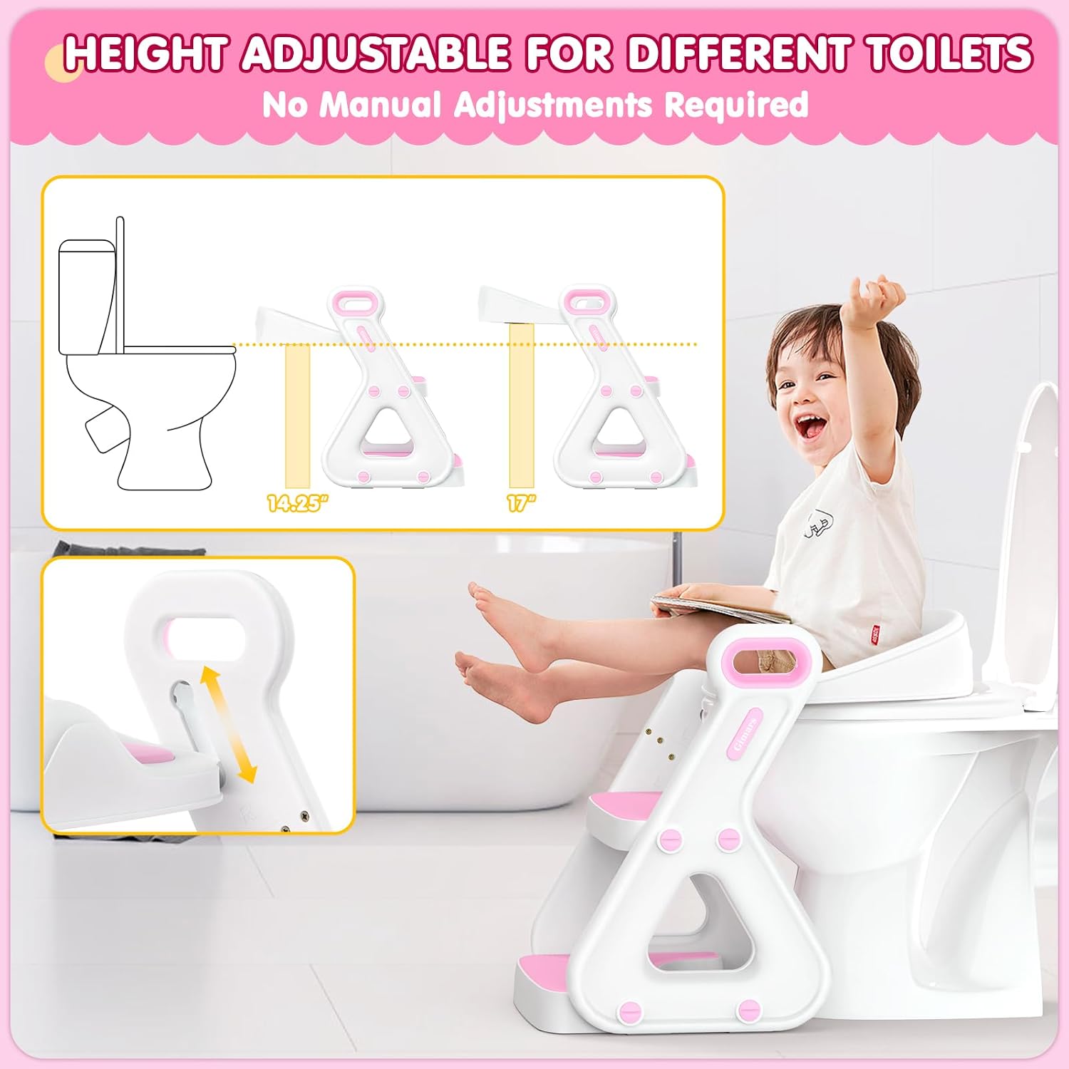 Gimars Upgrade Ultra-Stable 2 In 1 Multifunctional Toddler Potty Seat For Toilet with Setp Stool, Potty Traning Toilet For Boys Girls With Widened Ladder,Comfortable Safe Potty Seat With Handrail,Pink