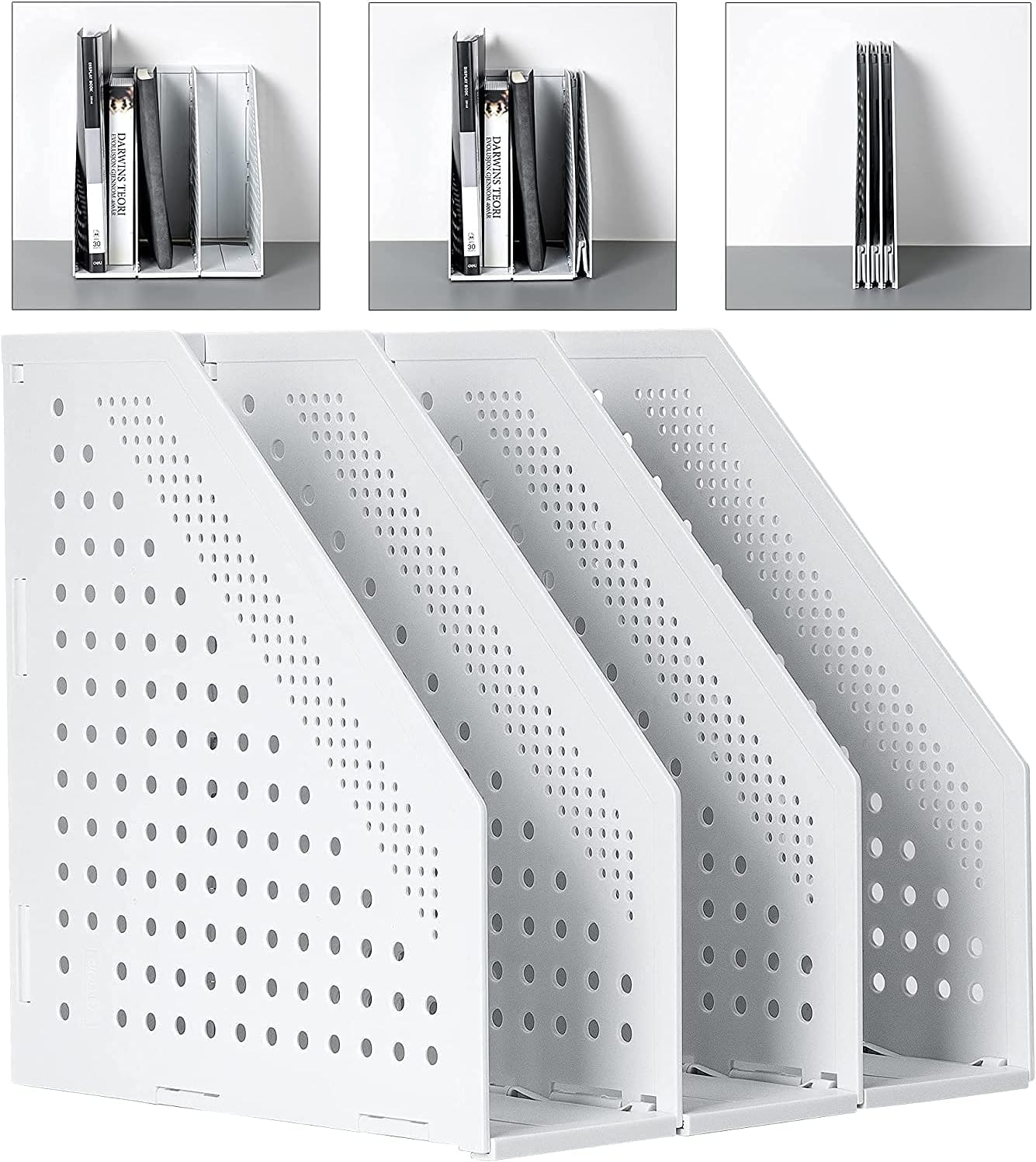 A4 File Holder Folding Bookshelf,1 Year Warranty,3 Vertical Compartments magazine file holder,Desk Organizer Document Folder for Office Organization and Storage (3 Compartment,Light gray)