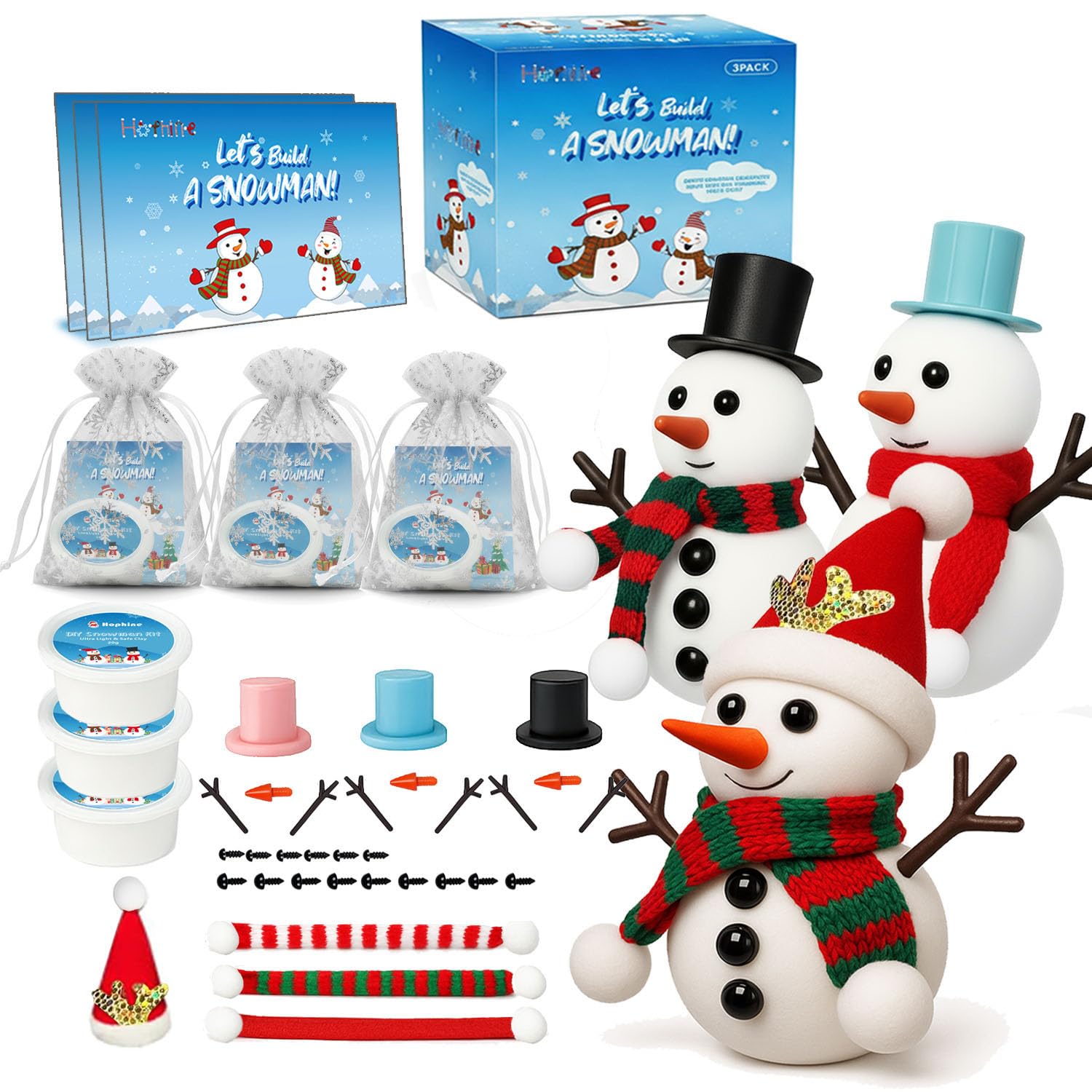 Hophine Schneemann-Set zum Selbermachen – Schneemann-Set mit Schneemann-Thema-Karte und silberfarbener Schneeflocken-Kordelzugtasche, perfektes Weihnachtsbasteln für Kinder, Urlaubspartys und