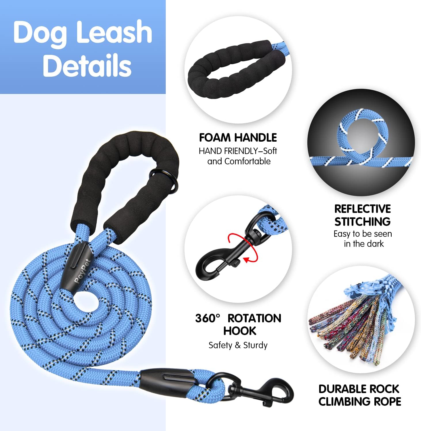 PoyPet No Pull Dog Harness and 5 Feet Leash Set, Release on Neck Reflective Adjustable Pet Vest, Front & Back 2 D-Ring and Soft Padded Pet Harness with Handle for Small to Large Dogs(Light Blue,XL)