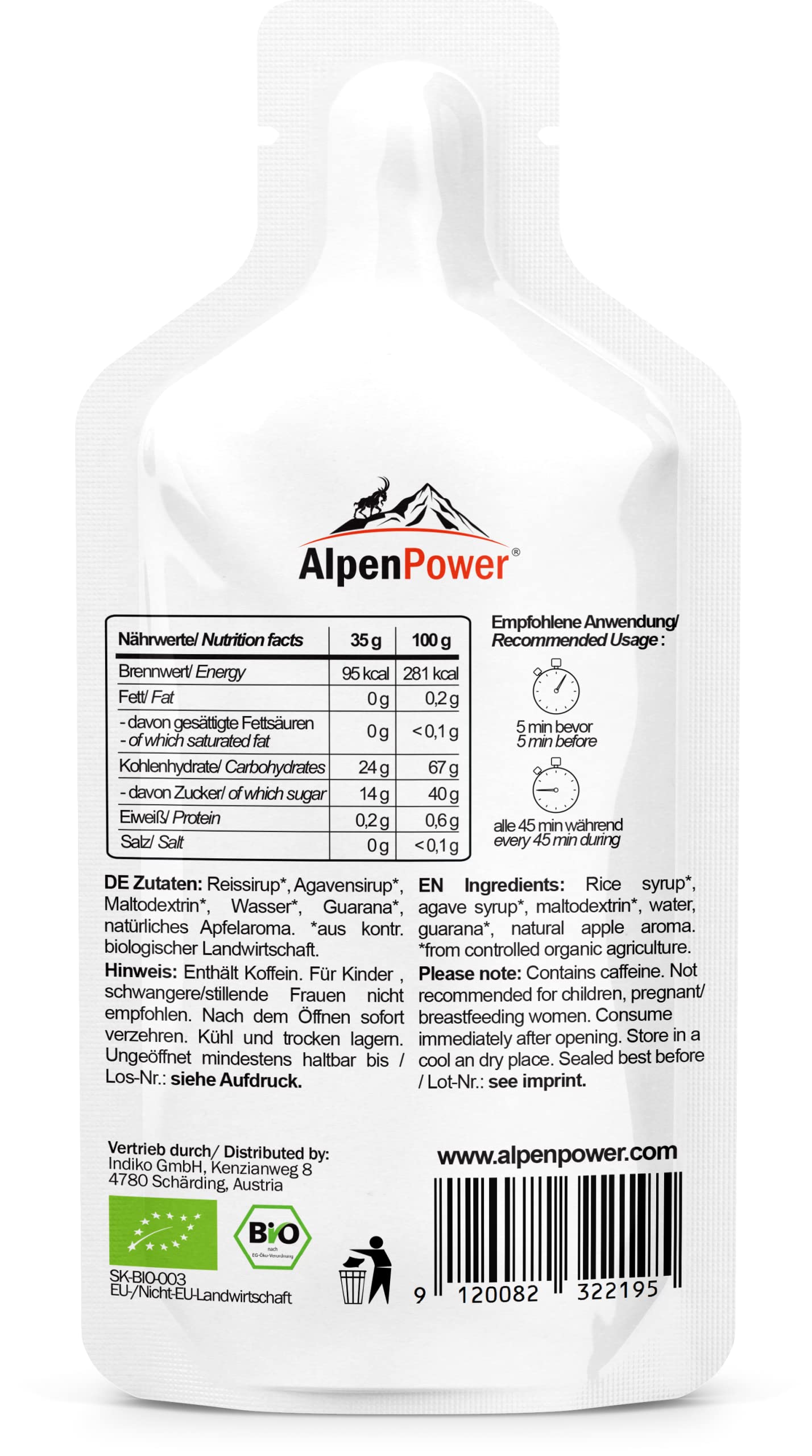 AlpenPower Bio Energy Gel Apfel 12 x 35 g - 100% natürliches Kohlenhydratgel ohne Zusätze - Mit Koffein aus Guarana - Schnelle & langanhaltende Energie - Booster für Sport