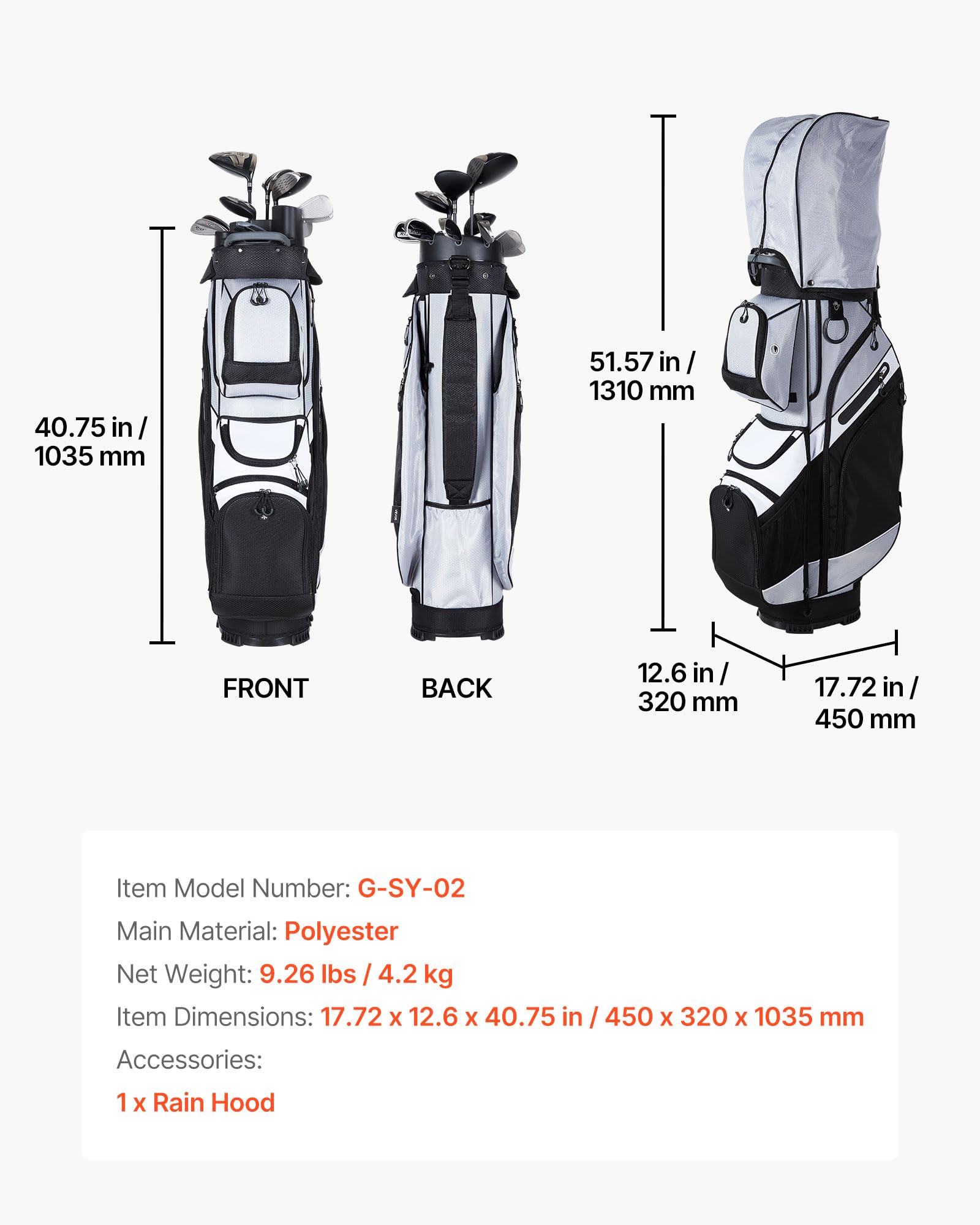 VEVOR Golftasche mit 14-fache Durchgehenden Schlägerfächern Tragegriffen Stautaschen Schultergurt Regenschutzhaube Leichtgängigen Reißverschlüssen Golfbag aus Strapazierfähigem 500D Polyester