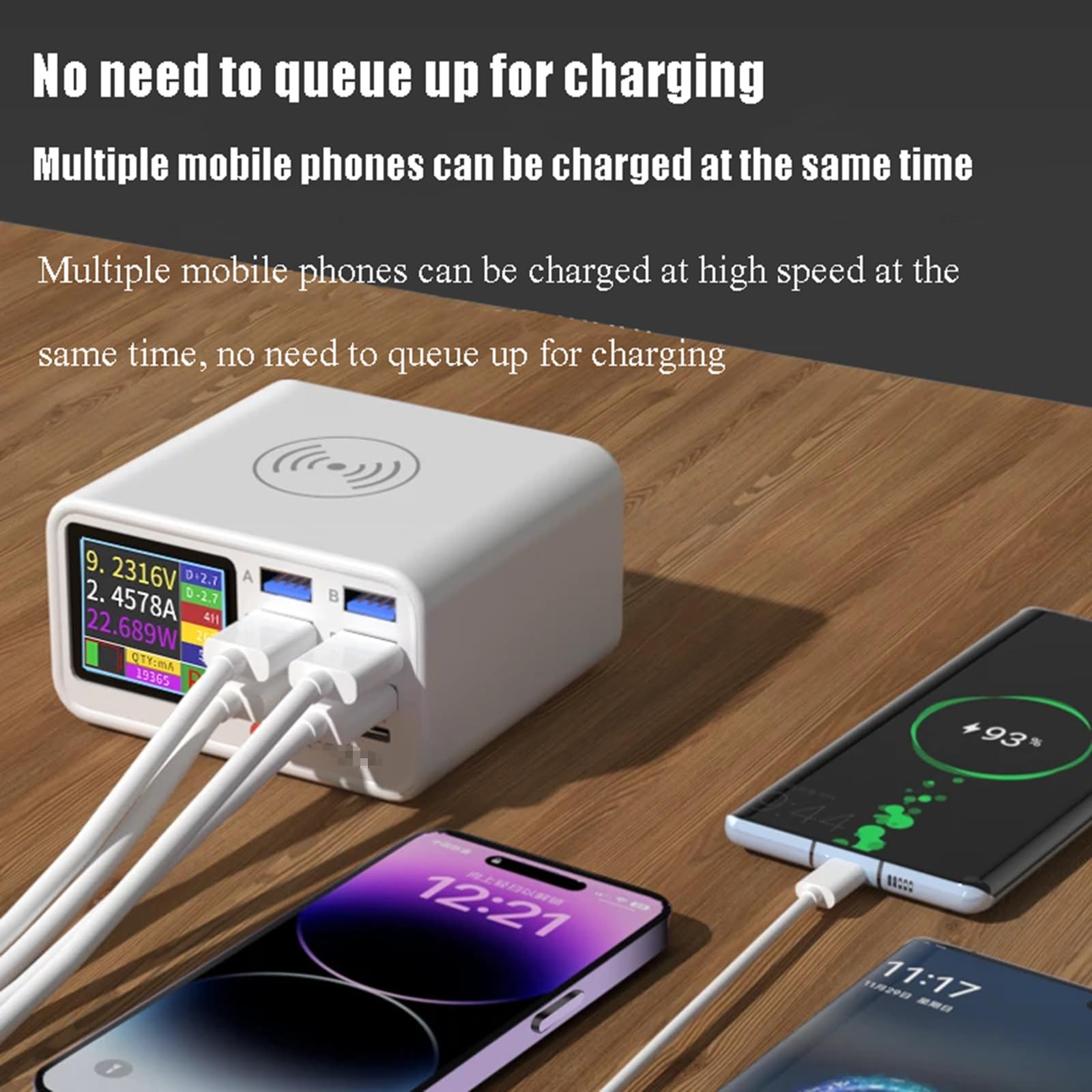 Stazione di Ricarica Rapida Wireless USB Multifunzionale a 8 Porte, Caricabatterie con rilevamento visivo della Corrente per telefoni cellulari, Tablet, Computer, Ricarica Rapida