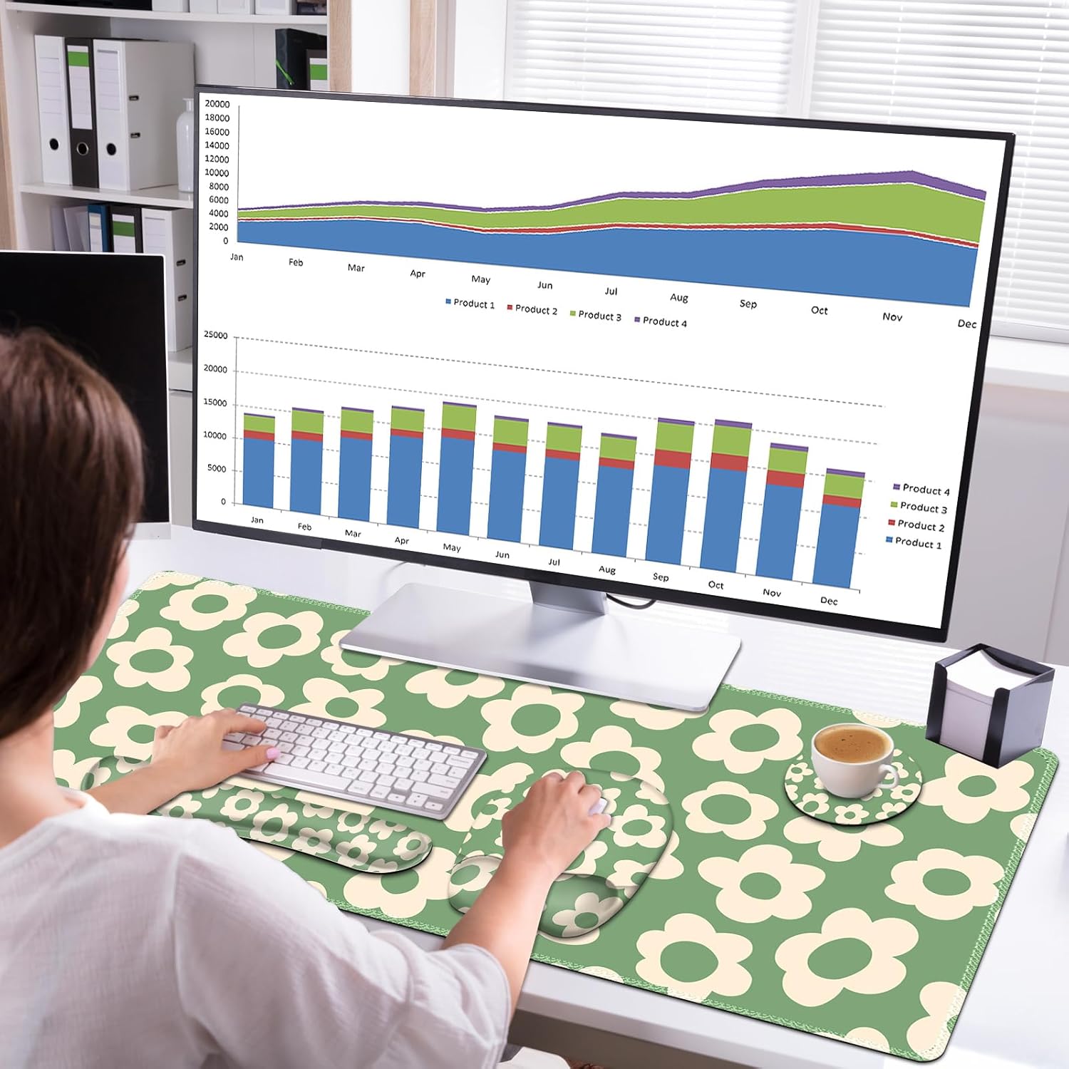 Large Mouse Pad with Wrist Support 4in1 Set, XXL Game Mousepad +Keyboard Wrist Rest+Mouse Wrist Rest+Coaster Ergonomic Design Gaming Mat for Home Office Table Computer I Vintage Groovy Flowers