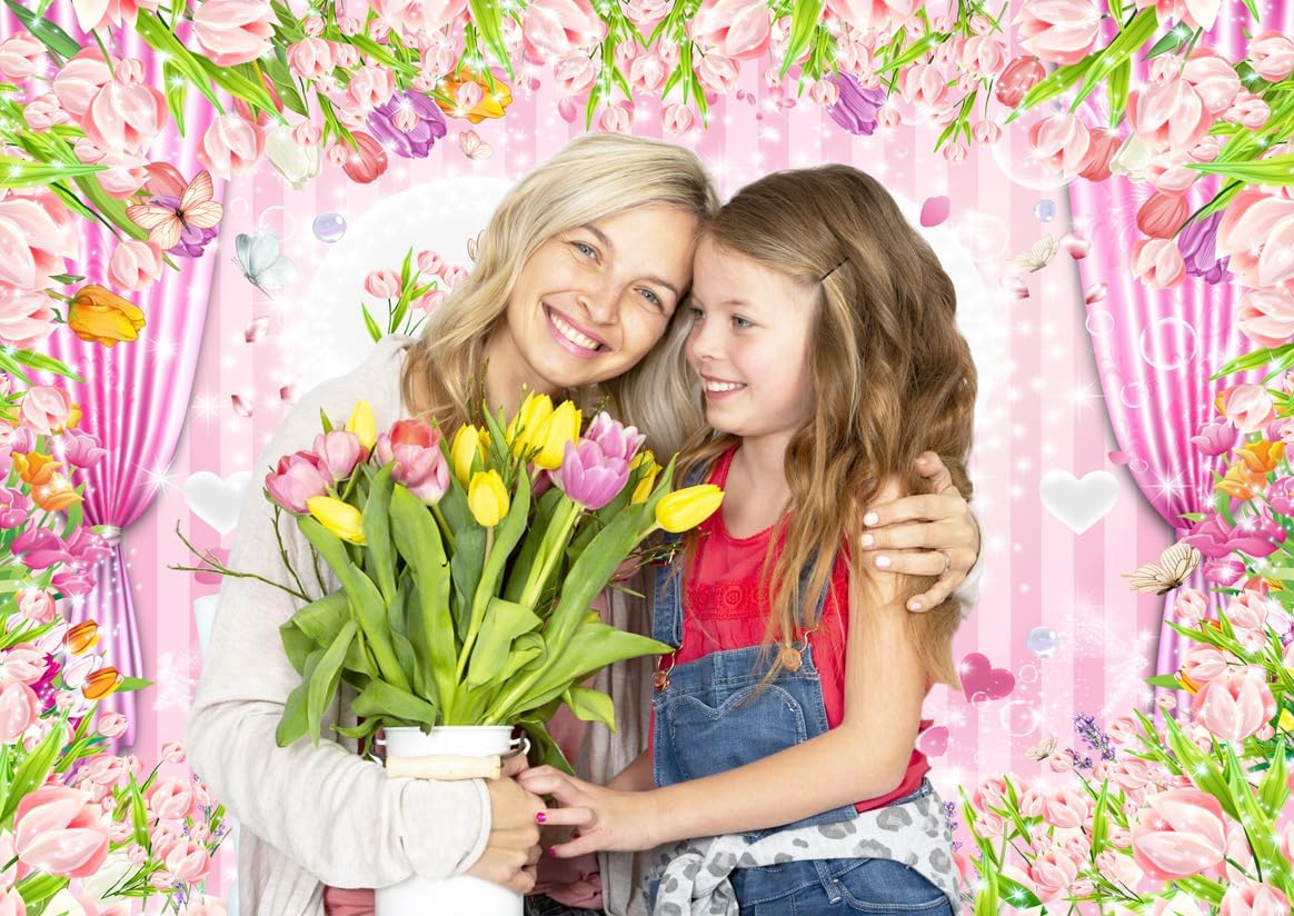 10X8FT Pink Striped Flower Image Backdrop Happy Mother's Day Party Decoration Background Holiday Photography Background DH-315