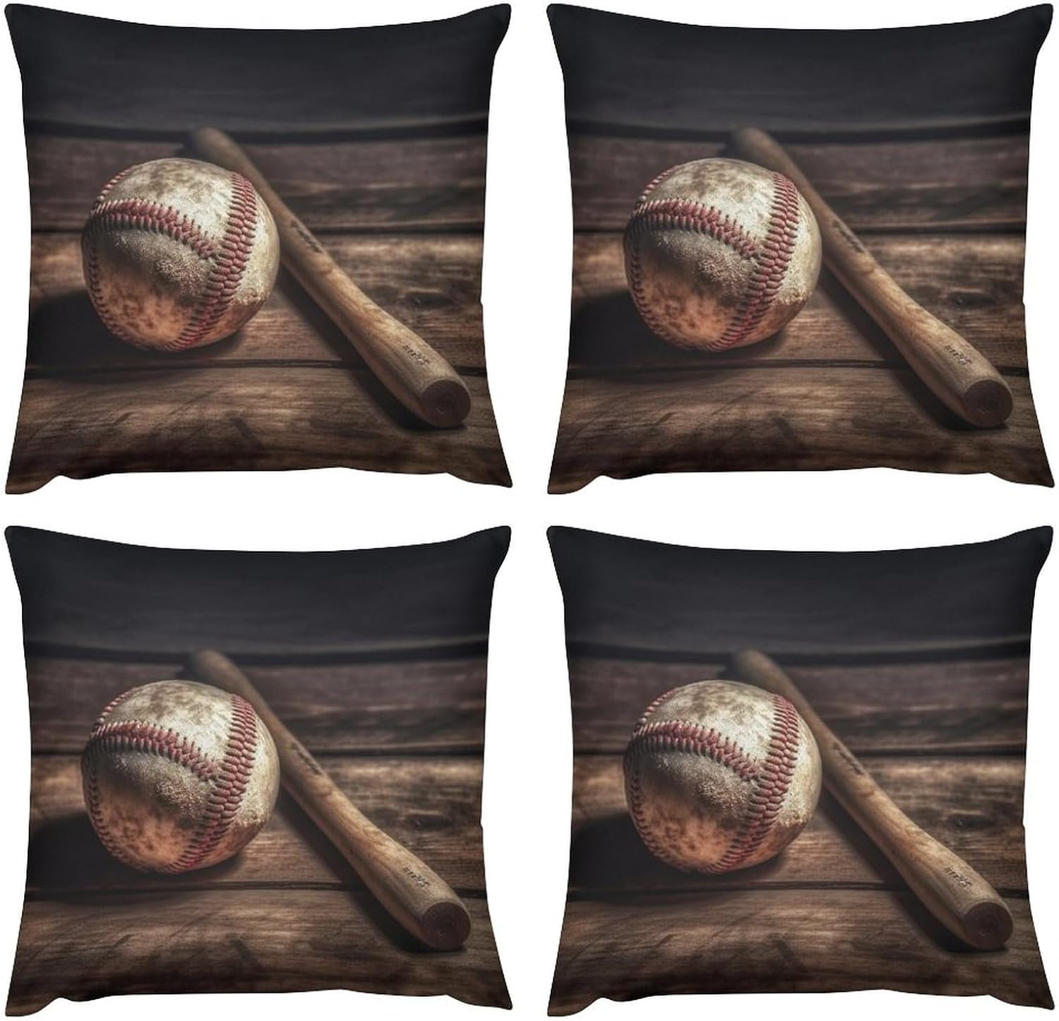 Zippered Pillow Cover, Pillow Protector, Baseball On Wooden Printed Pillow Cover of 4, Pillow Not Included