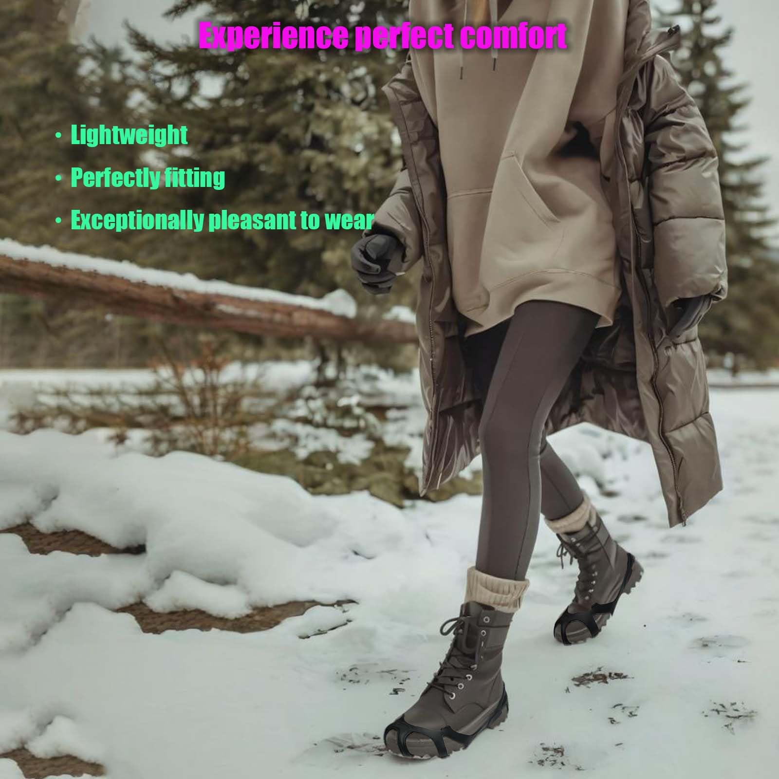 Impugnature da ghiaccio e neve alla moda con fluorescenti per scarpe e stivali, antiscivolo nero per escursionismo, jogging in inverno all'aperto