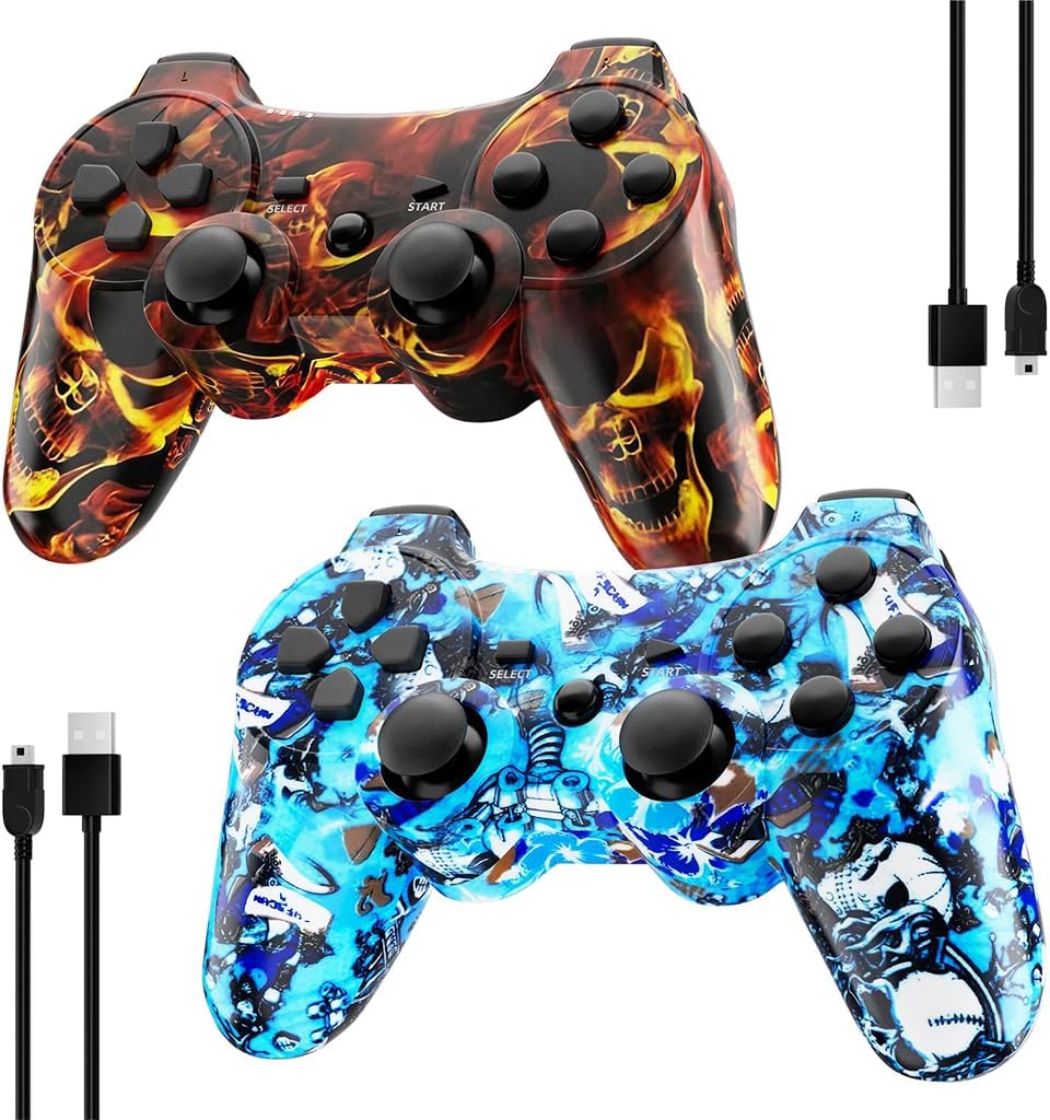 Kujian Controller for PS3, Wireless Controller for Playstation 3 6-axis Dual Vibration Gaming Controller with Charging Cord(Blaze Skull+Blue punk)