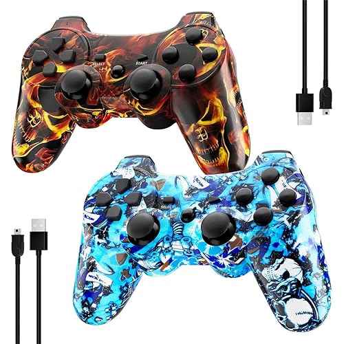 Kujian Controller for PS3, Wireless Controller for Playstation 3 6-axis Dual Vibration Gaming Controller with Charging Cord(Blaze Skull+Blue punk)